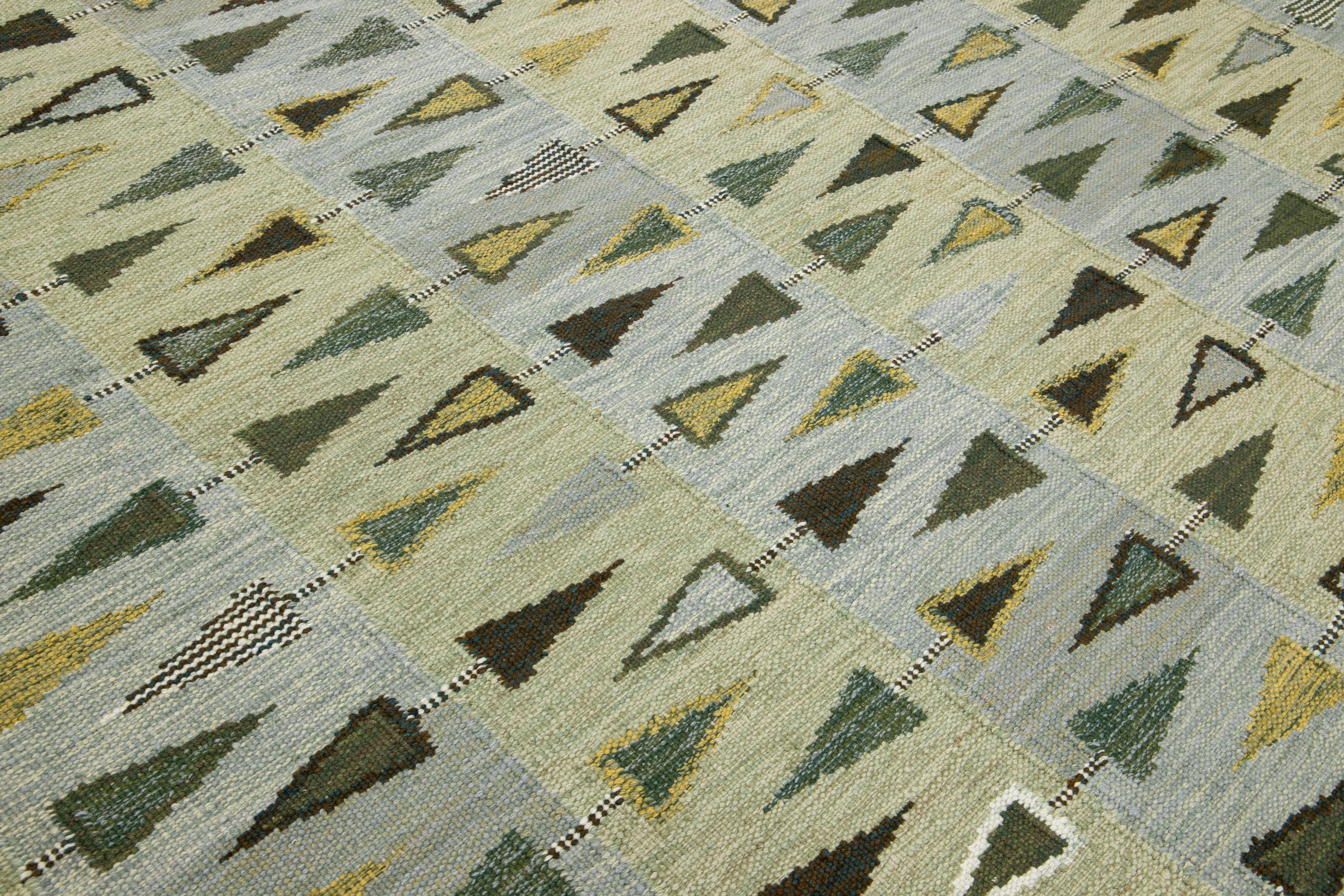 Green Modern Scandinavian Handmade Wool Rug with Geometric Pattern For Sale 1