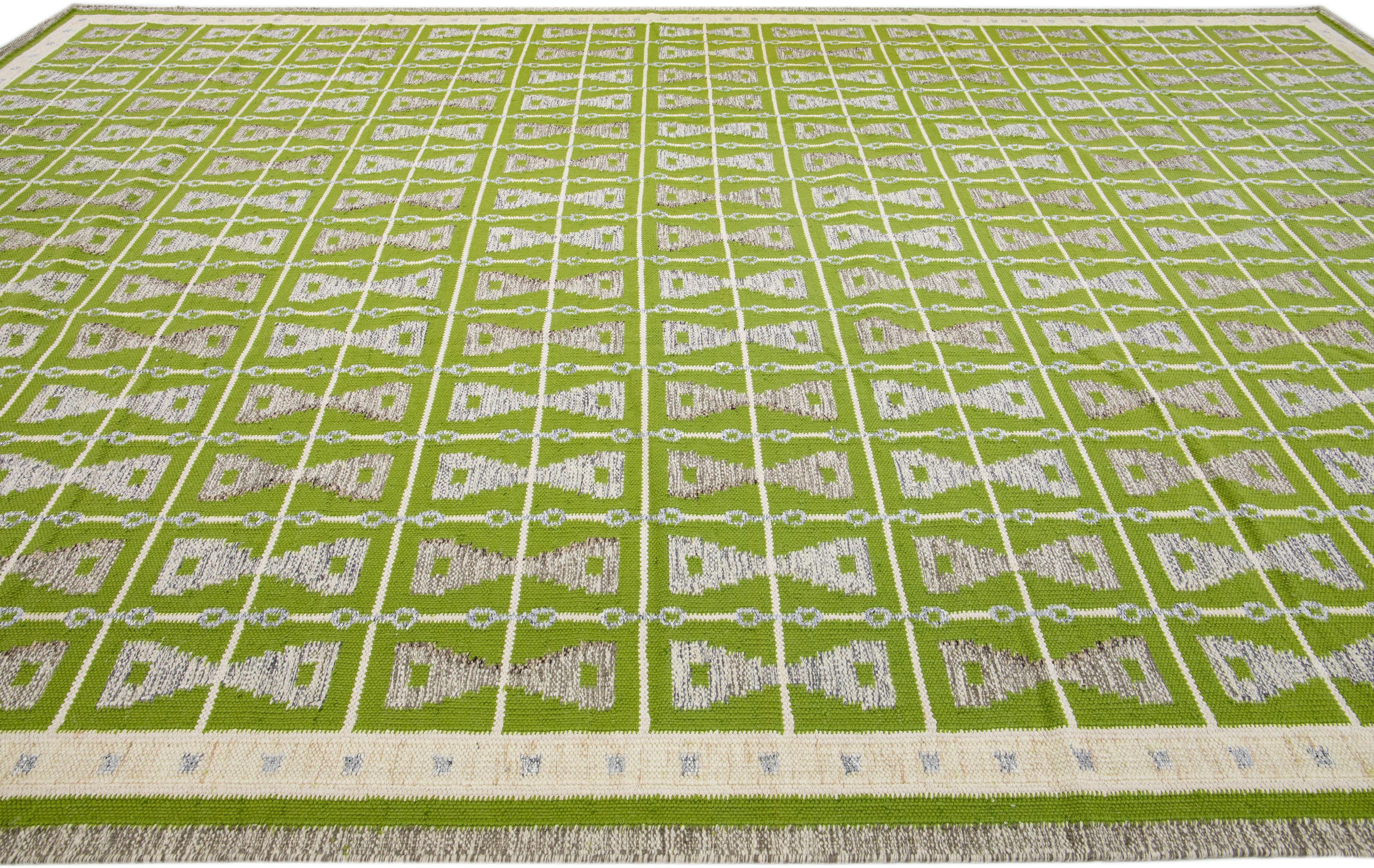 Indian Green Modern Swedish Style Handmade Oversize Wool Rug with Geometric Design For Sale