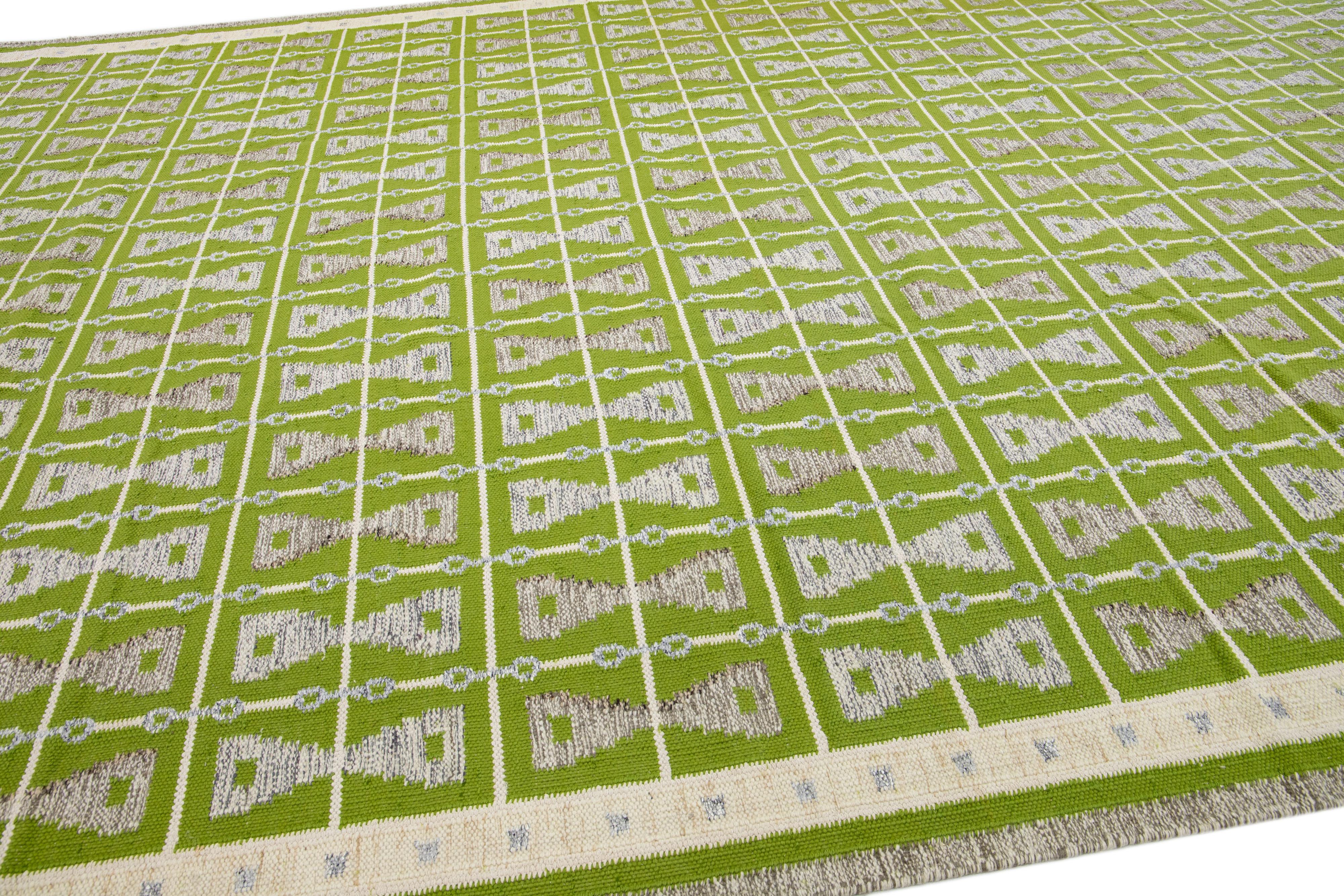 Hand-Knotted Green Modern Swedish Style Handmade Oversize Wool Rug with Geometric Design For Sale