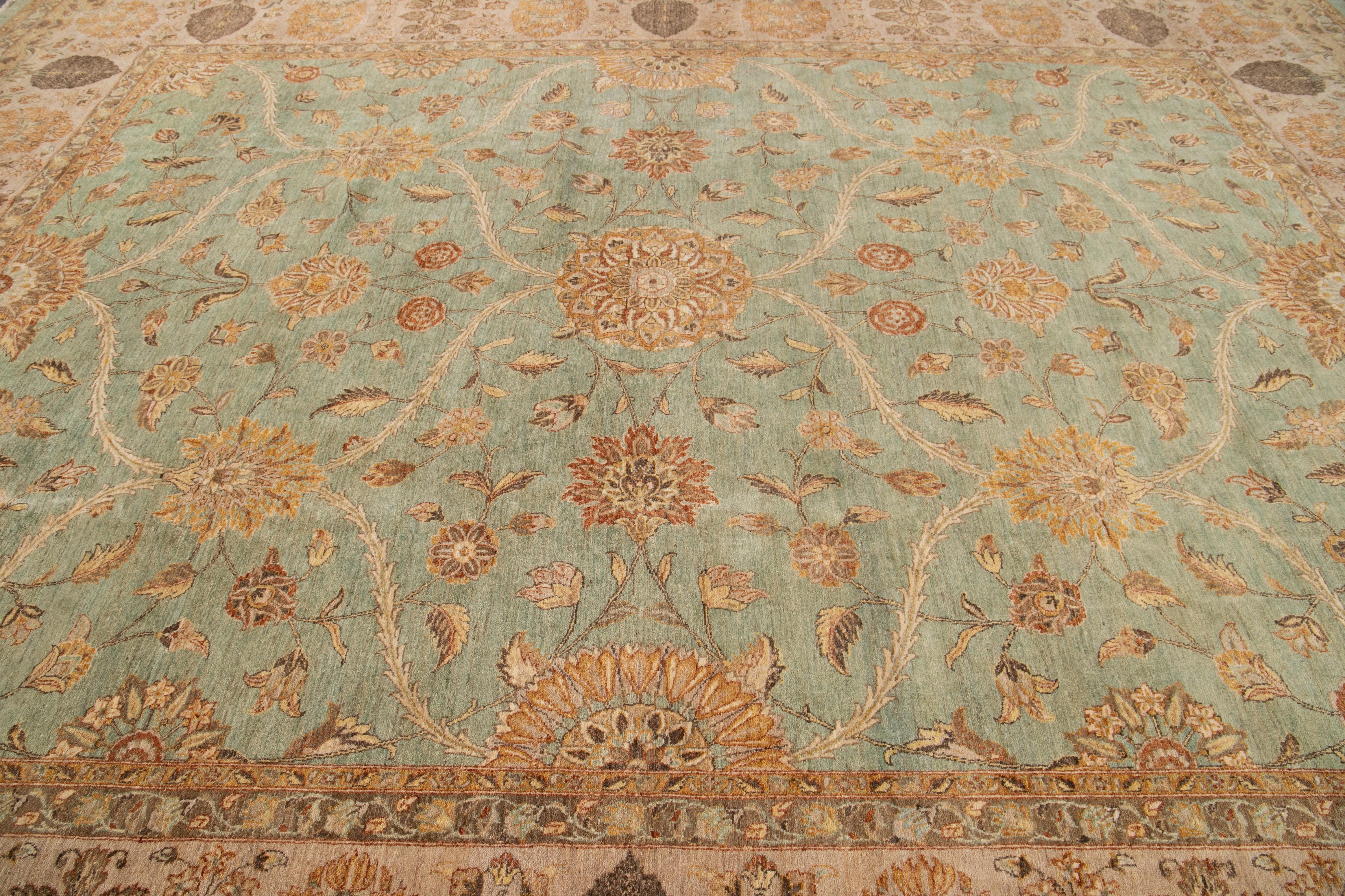Hand-Knotted Green Modern Tabriz Style Handmade Wool Rug with Floral Motif For Sale