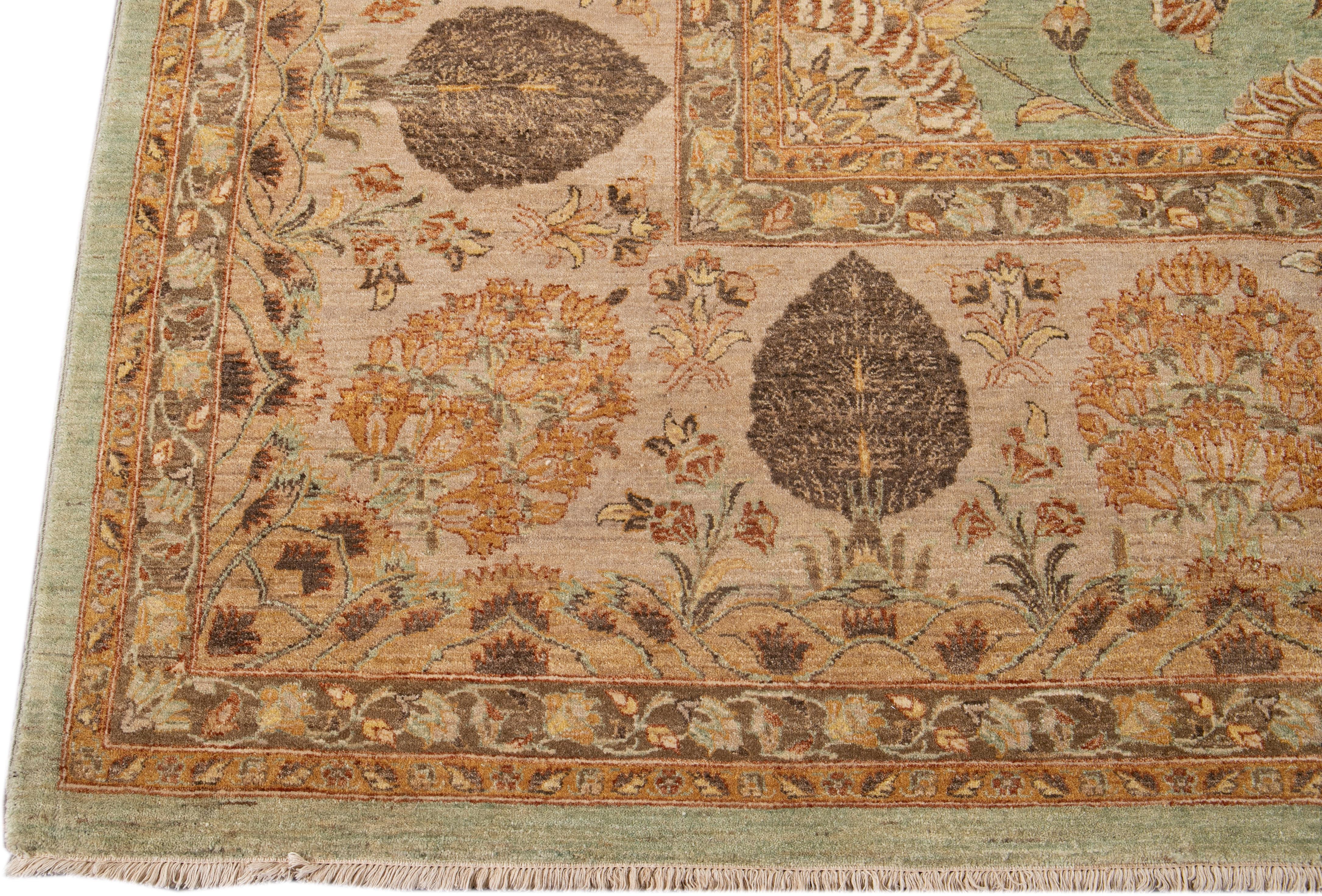 Green Modern Tabriz Style Handmade Wool Rug with Floral Motif In New Condition For Sale In Norwalk, CT