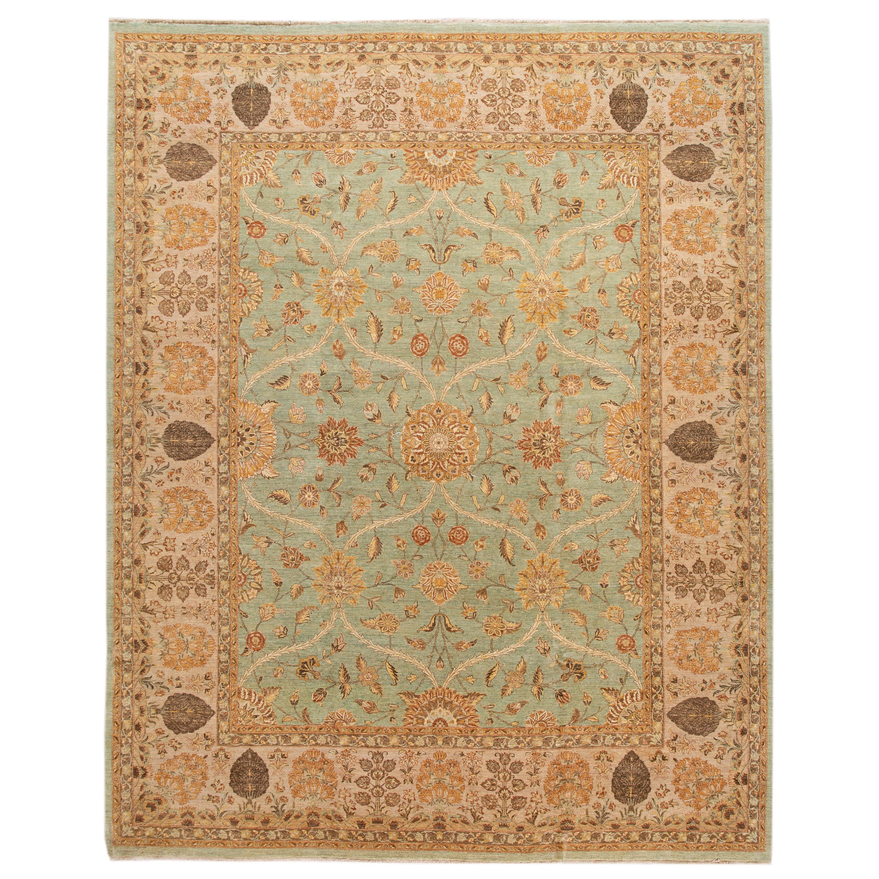 Tapis moderne en laine vert de style Tabriz fait à la main avec motif floral
