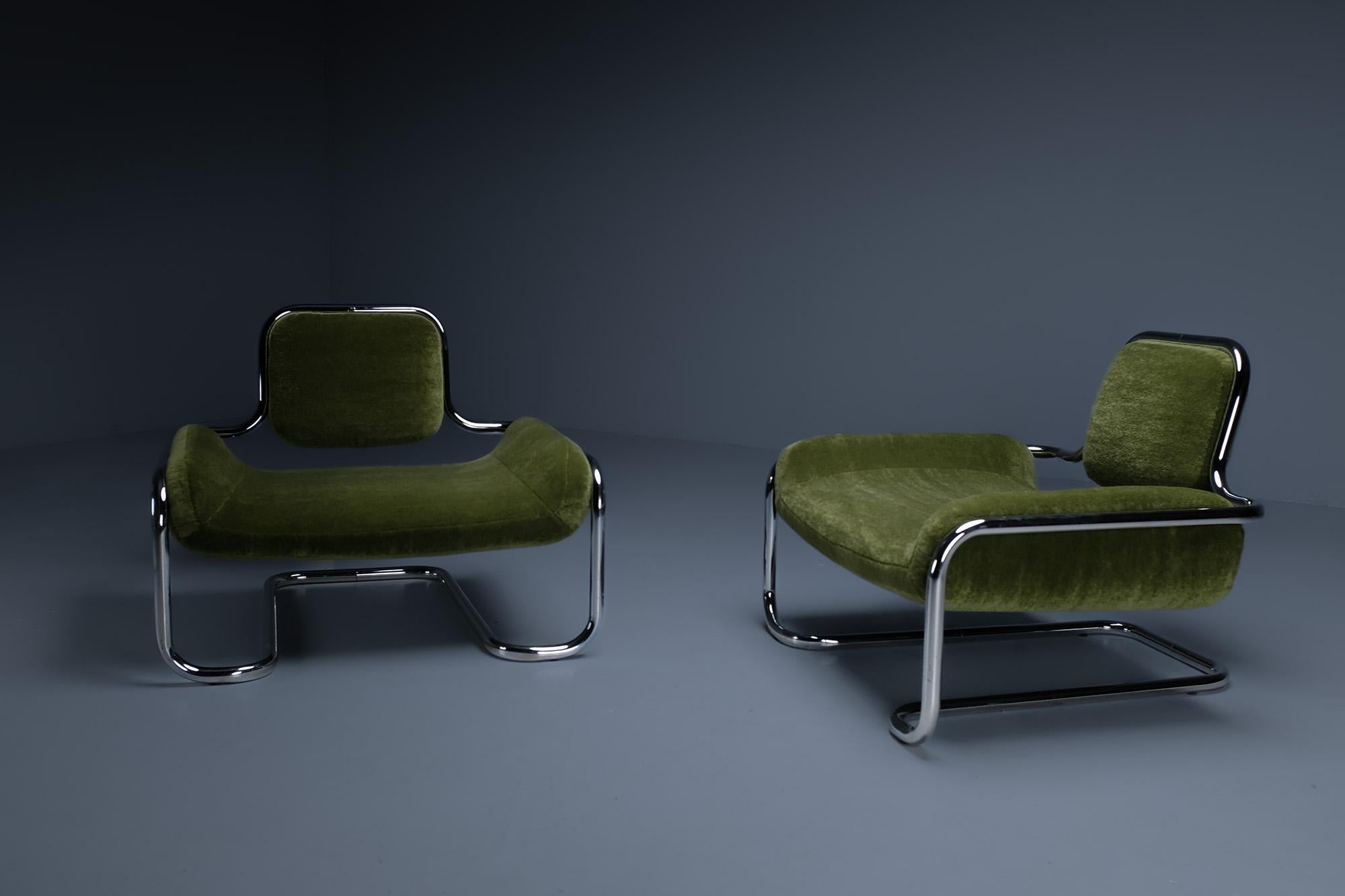 Post-Modern Green Mohair Lemon Sole Lounge Chairs by Kwok Hoi Chan. Ed. Steiner