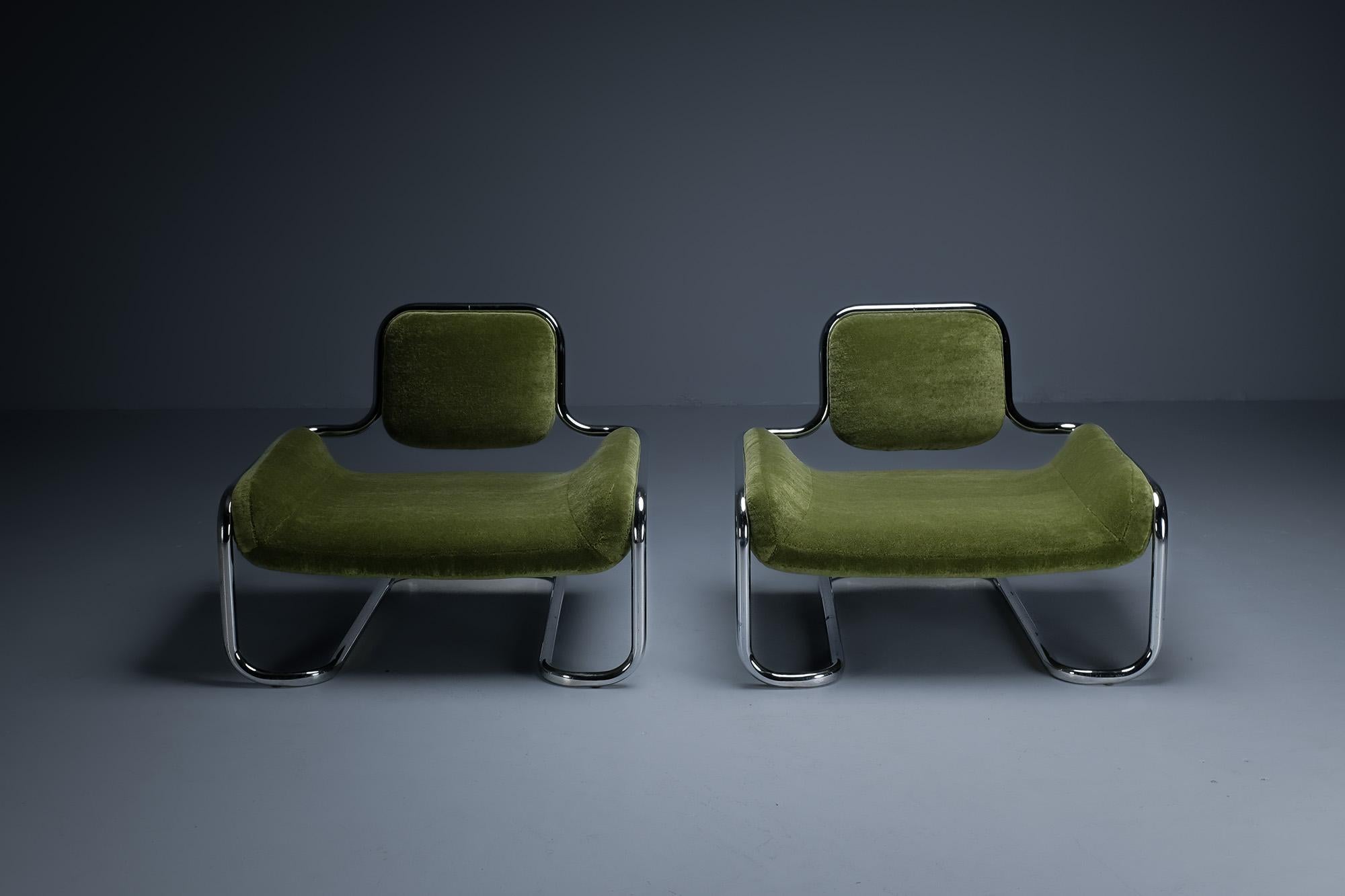 French Green Mohair Lemon Sole Lounge Chairs by Kwok Hoi Chan. Ed. Steiner