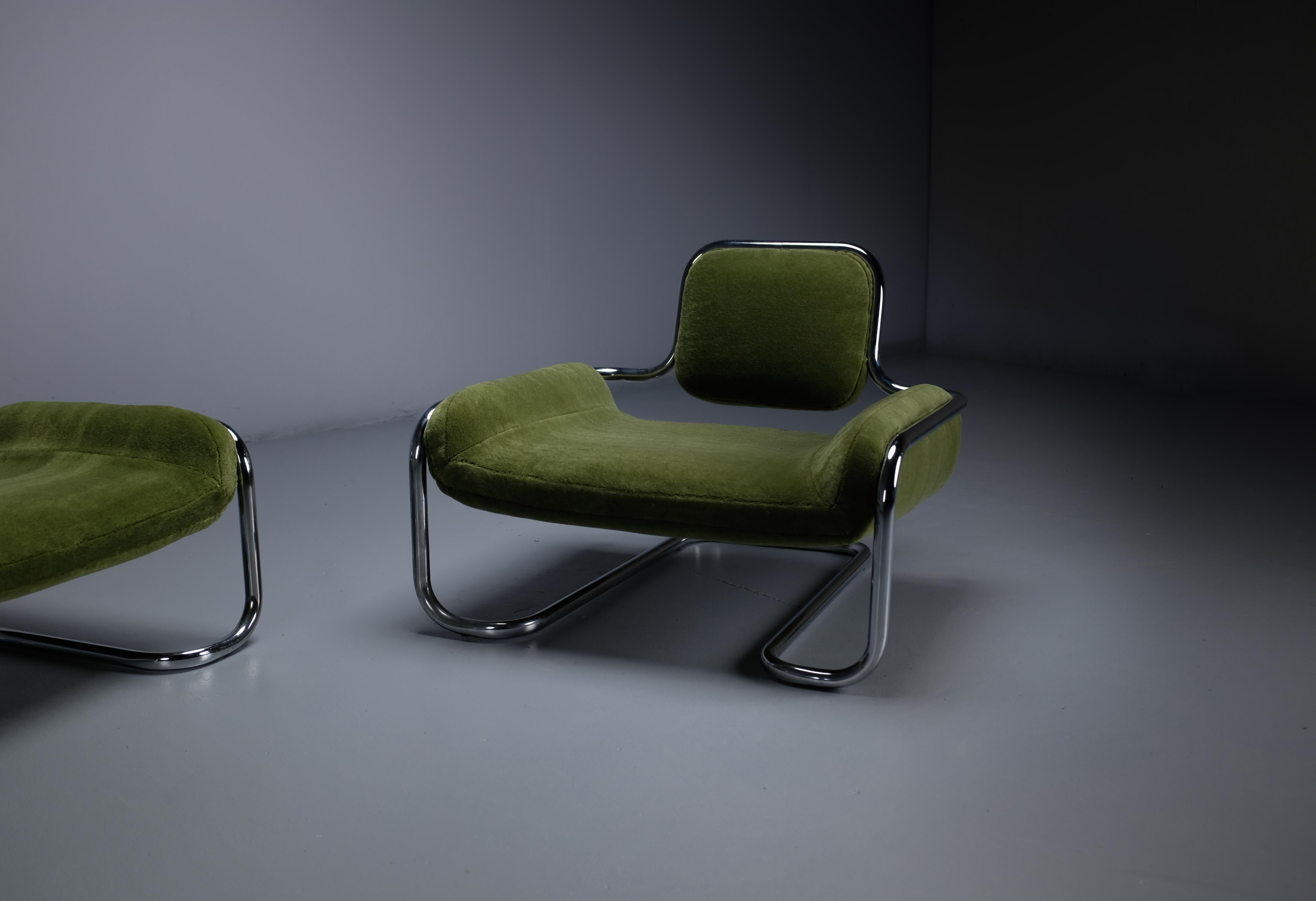 French Green Mohair Lemon Sole Lounge Chairs by Kwok Hoi Chan. Ed. Steiner