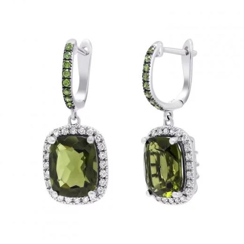 Green Moldavite Diamonds White Gold Lever Back Earrings for Her For Sale