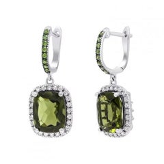 Grüne Moldavite-Diamanten Weißgold-Ohrringe mit Hebelverschluss für Sie