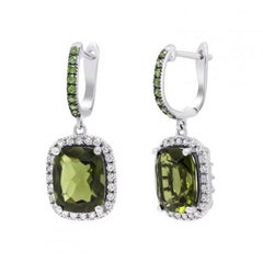 Green Moldavite Diamonds White Gold Lever Back Earrings for Her