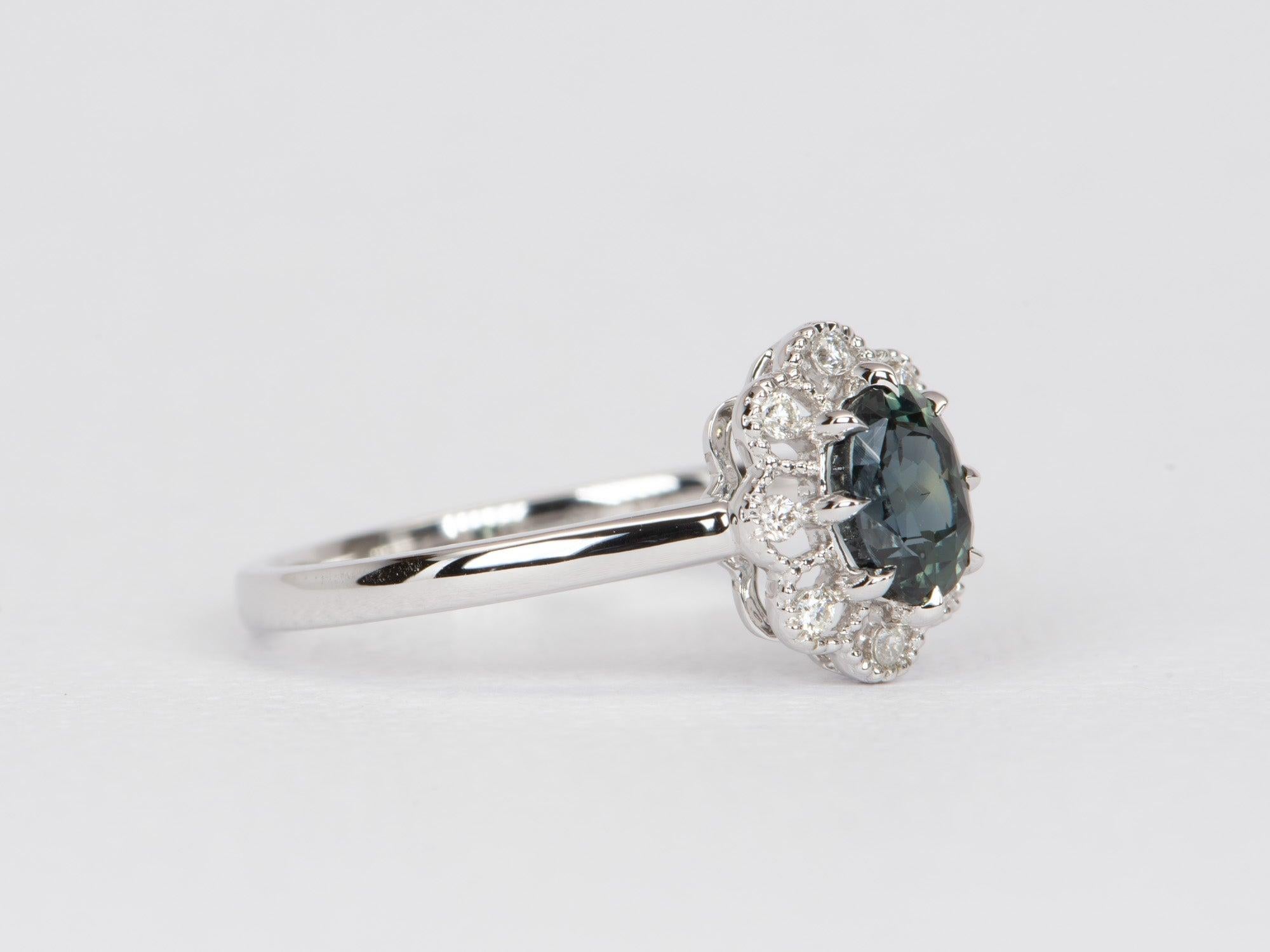 Oval Cut Green Montana Sapphire Milgrain Diamond Halo 14k White Gold Engagement Ring For Sale