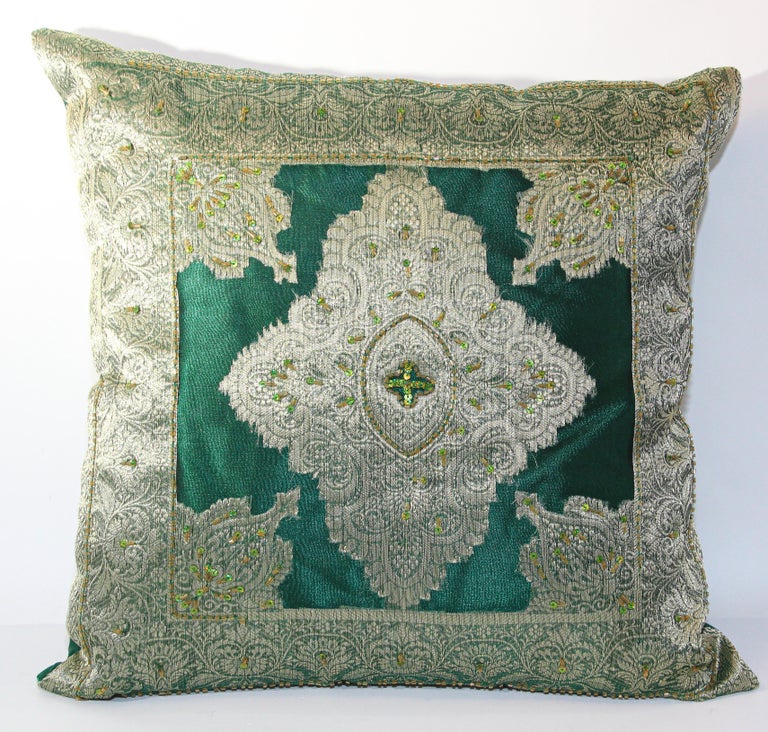 Moorish Throw decorative accent green pillow embroidered and embellished with sequins with metallic threads, gold beads embroidery on green silk damask.
Handcrafted in India.
Dimensions: Height: 16 in. (40.64 cm)
Width: 16 in. (40.64 cm)
Depth: 5