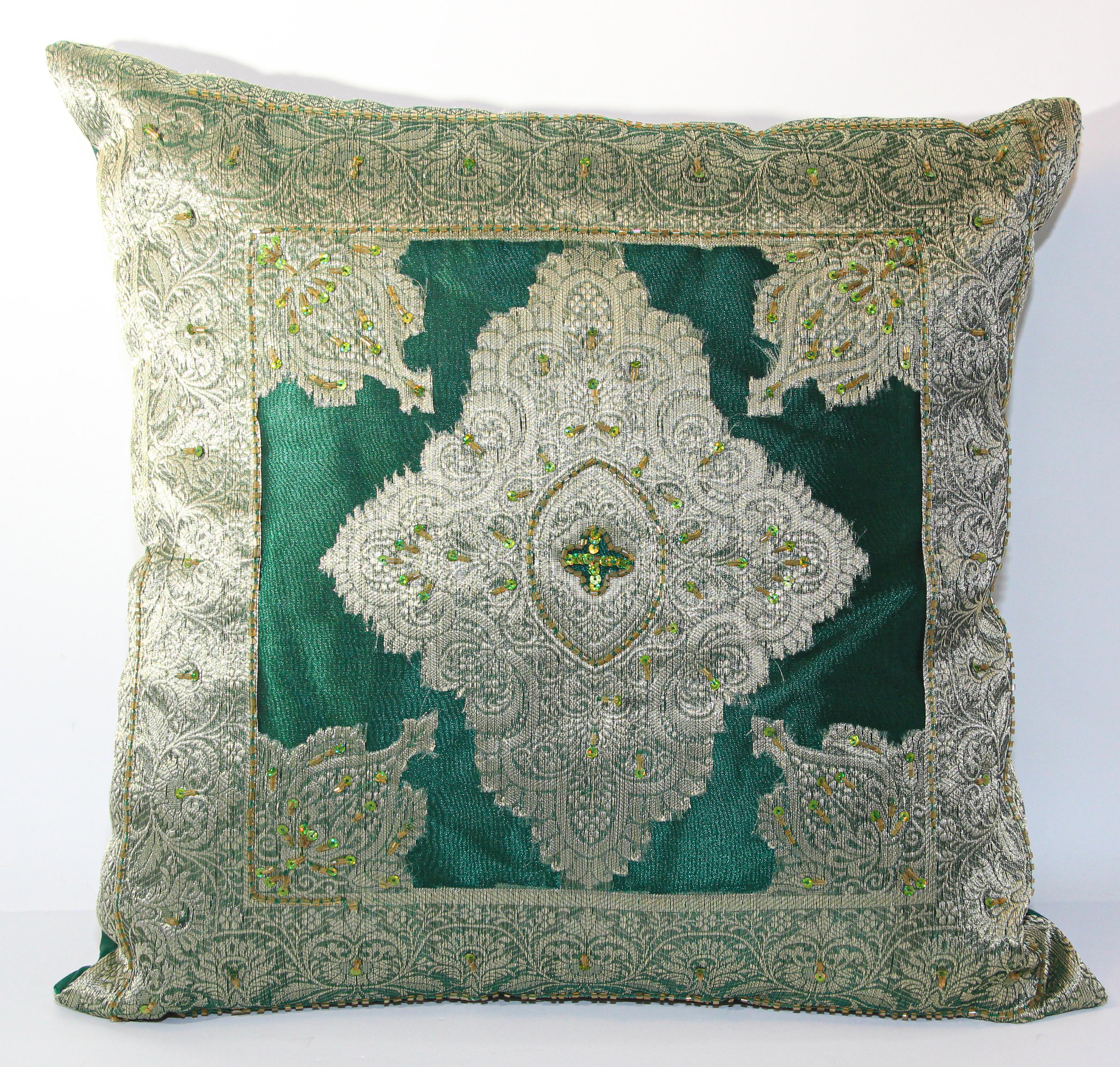 Moorish Throw decorative accent green pillow embroidered and embellished with sequins with metallic threads, gold beads embroidery on emerald green silk damask.
Handcrafted in India.
Great to use as accent throw pillows in you Moorish Middle