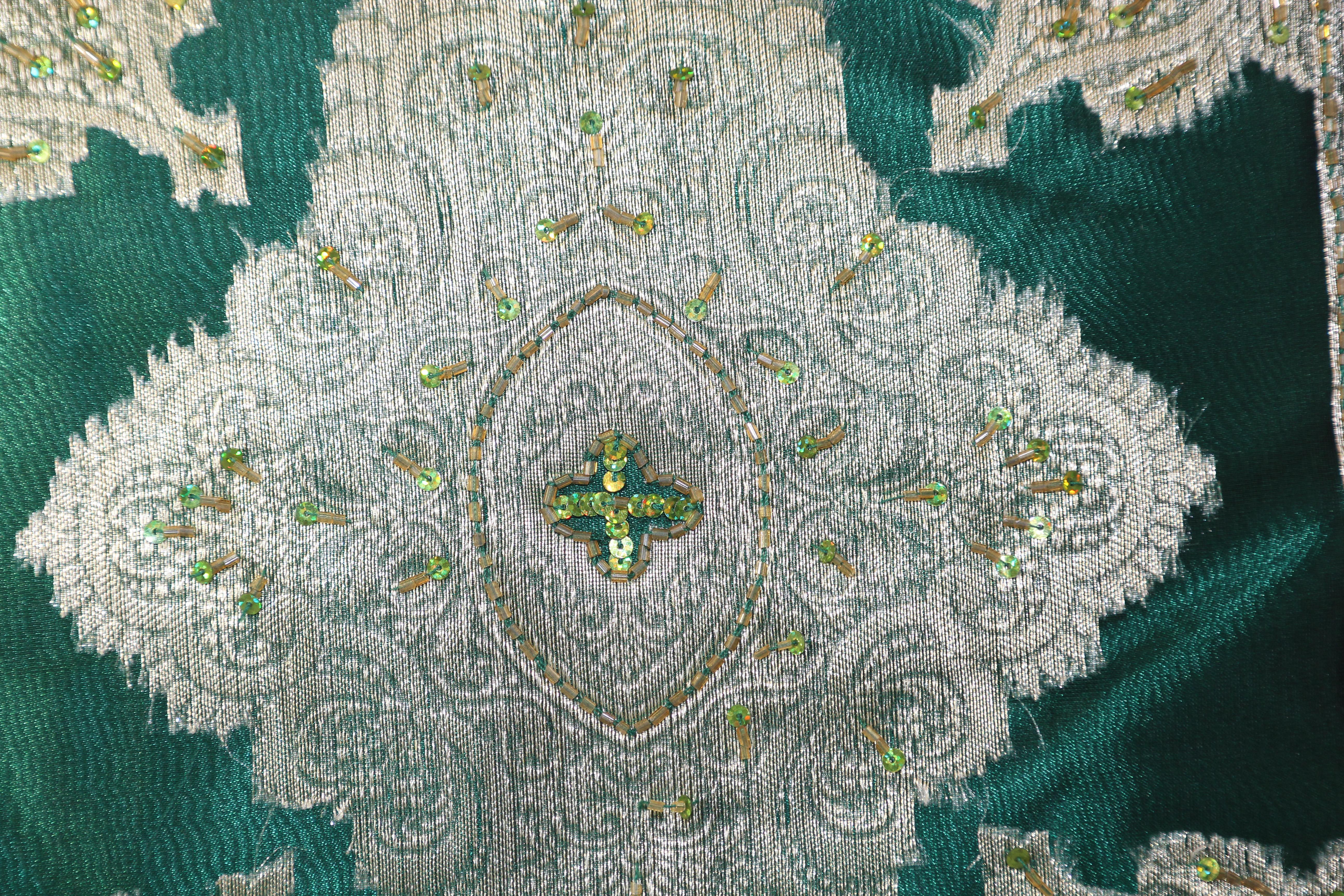 Indian Emerald Green Moorish Pillow Embellished with Sequins and Beads For Sale