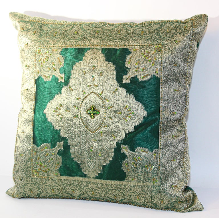 Green Moorish Pillow Embellished with Sequins and Beads For Sale 2