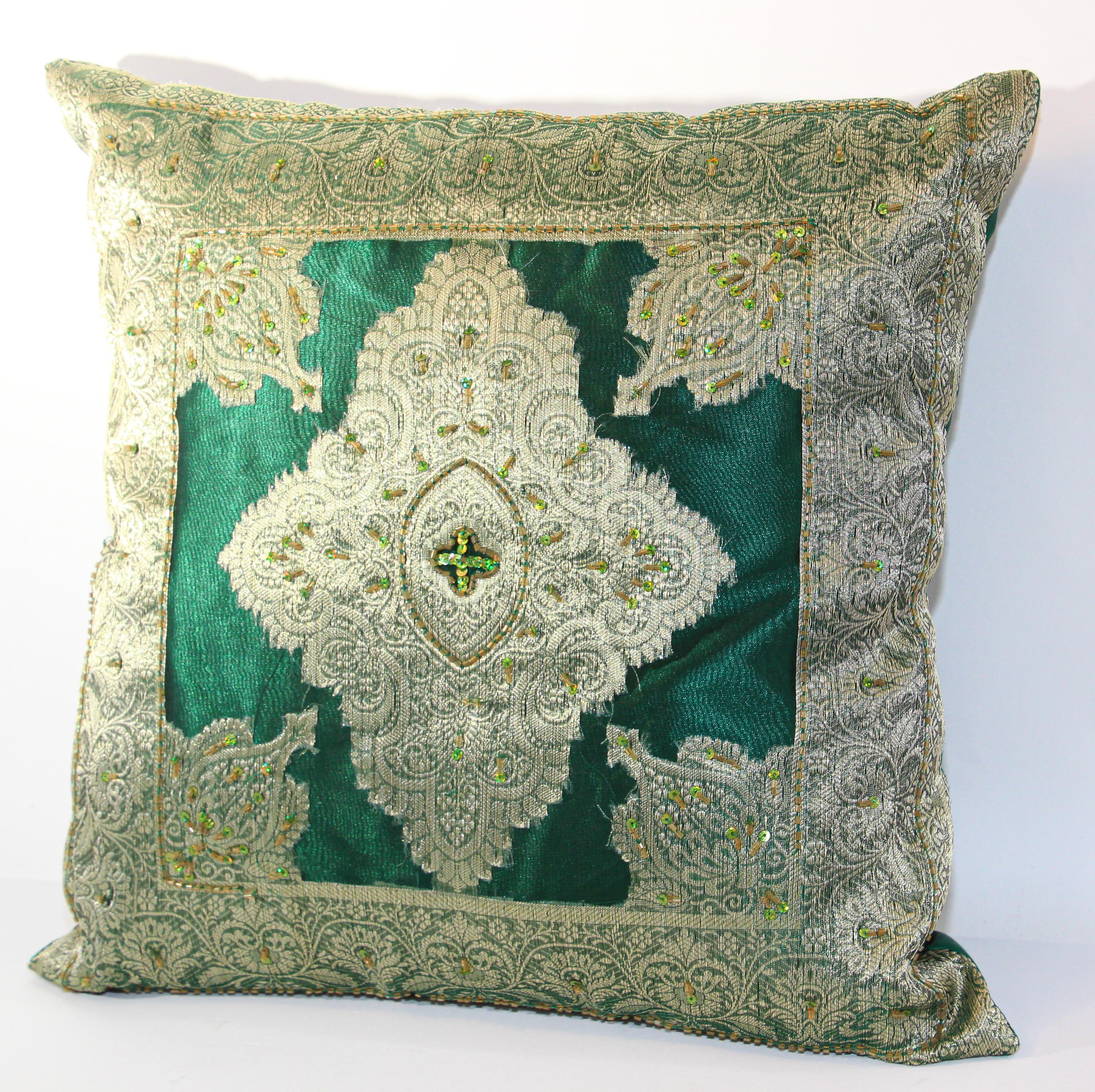 Fabric Emerald Green Moorish Pillow Embellished with Sequins and Beads For Sale