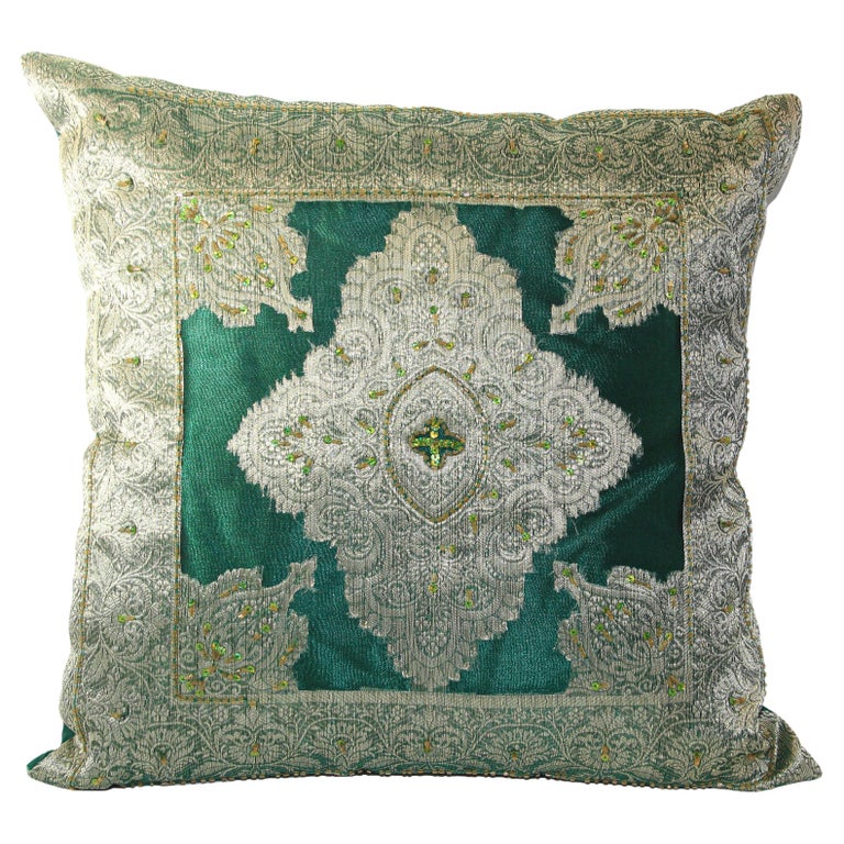 Green Moorish Pillow Embellished with Sequins and Beads For Sale