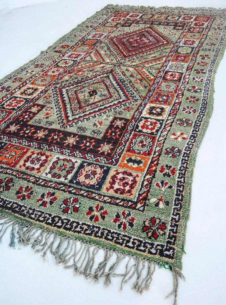 Green Moroccan Rug Beni Mguild from 1961, Natural Dye Wool For Sale at