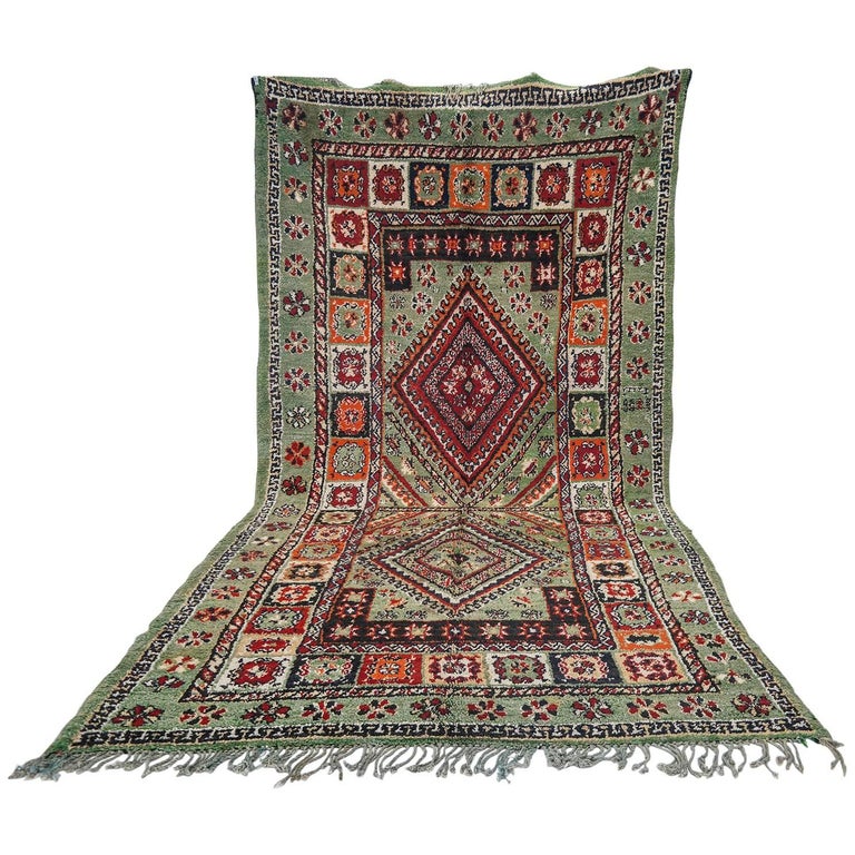 Green Moroccan Rug Beni Mguild from 1961, Natural Dye Wool For Sale at