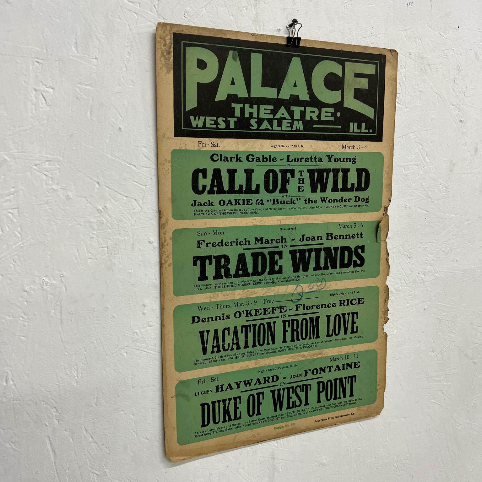 Mid-20th Century  Green Movie Poster Palace Theatre West Salem IL Clark Gable Frederich March For Sale