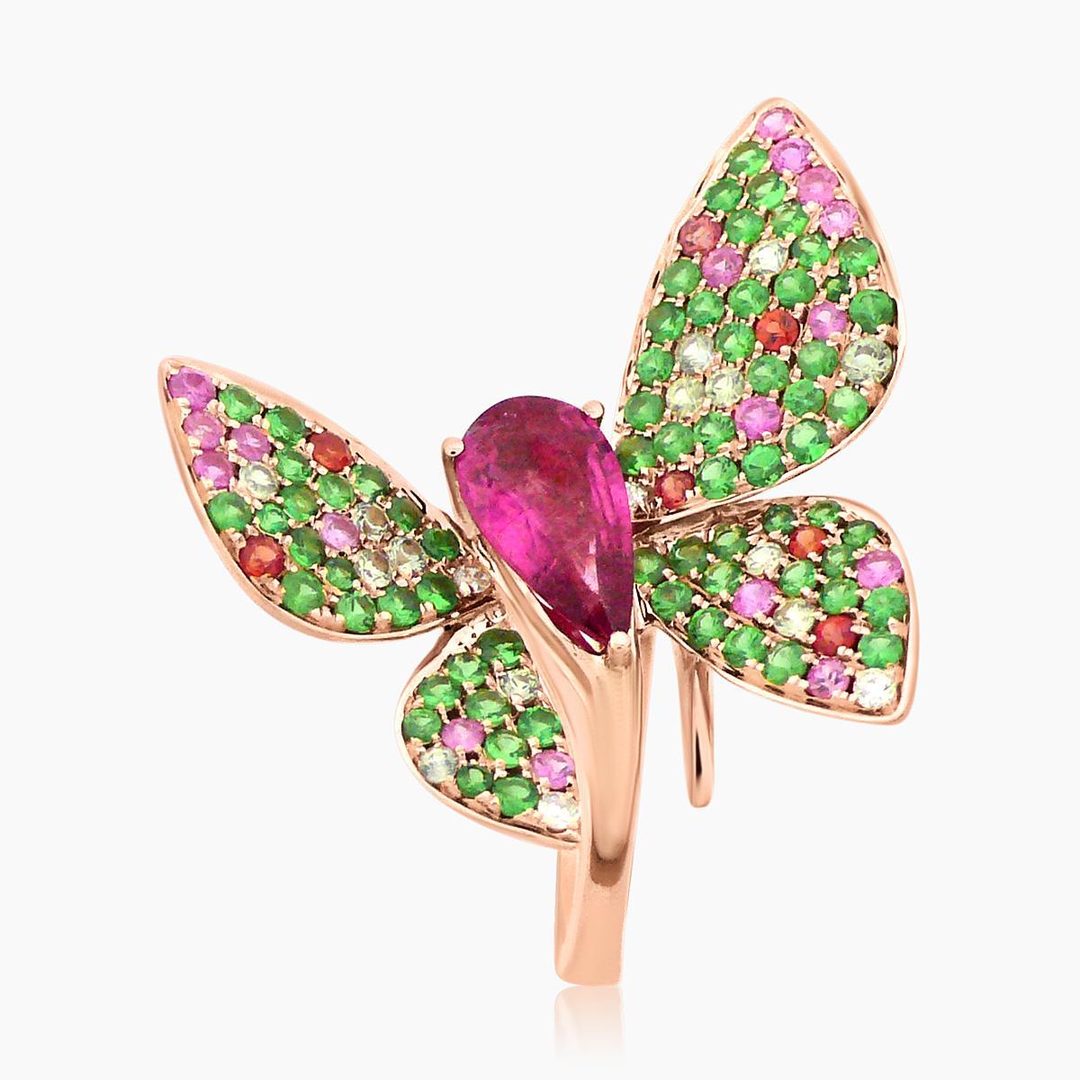 Mixed Cut Green Multi Color Gem Pave Pink Tourmaline Butterfly Sweet Rose Gold Animal Ring For Sale