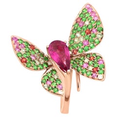 Green Multi Color Gem Pave Pink Tourmaline Butterfly Sweet Rose Gold Animal Ring