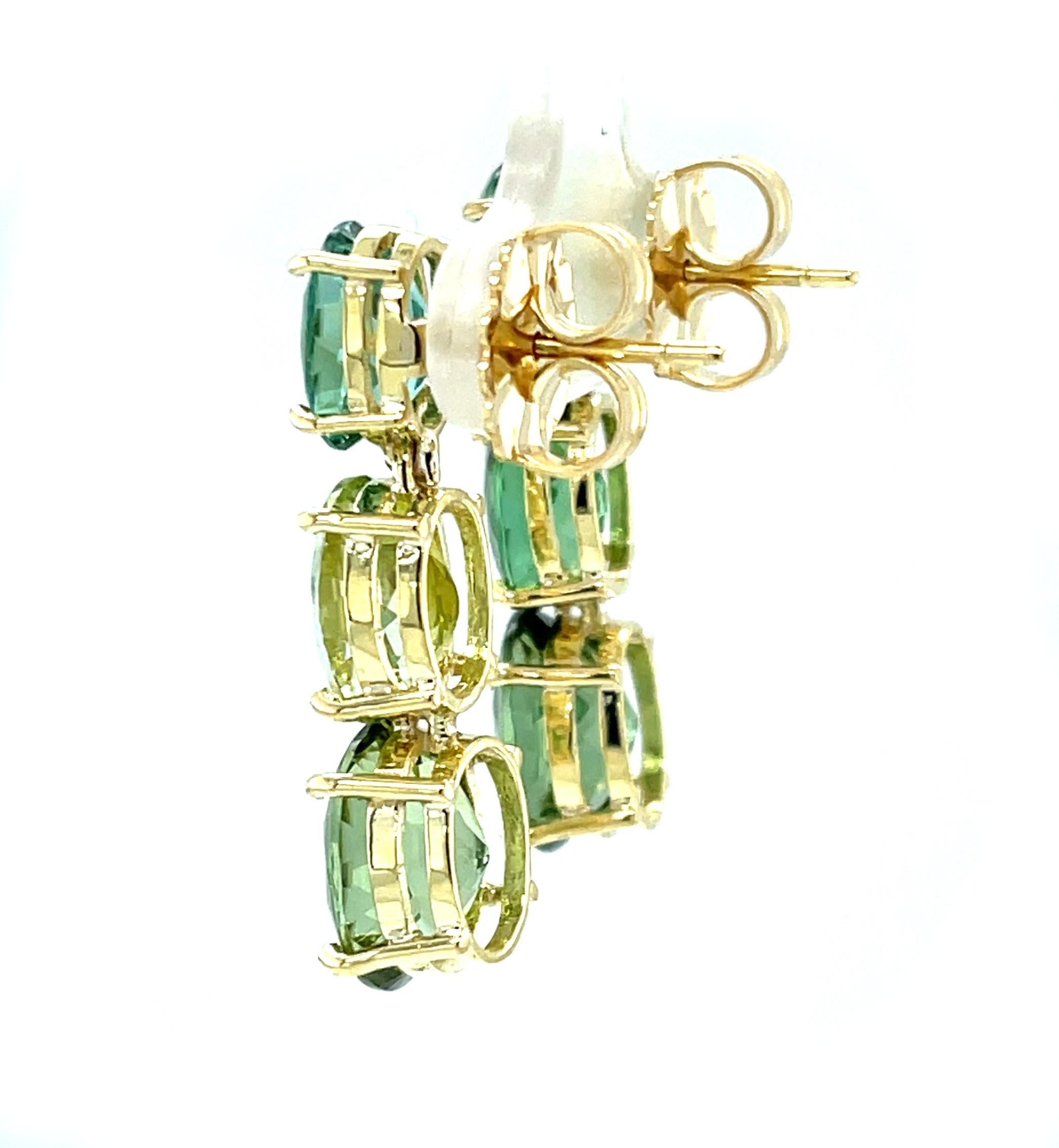 Oval Cut Green Multicolored Tourmaline and Yellow Gold Dangle Earrings, 19 Carats Total For Sale