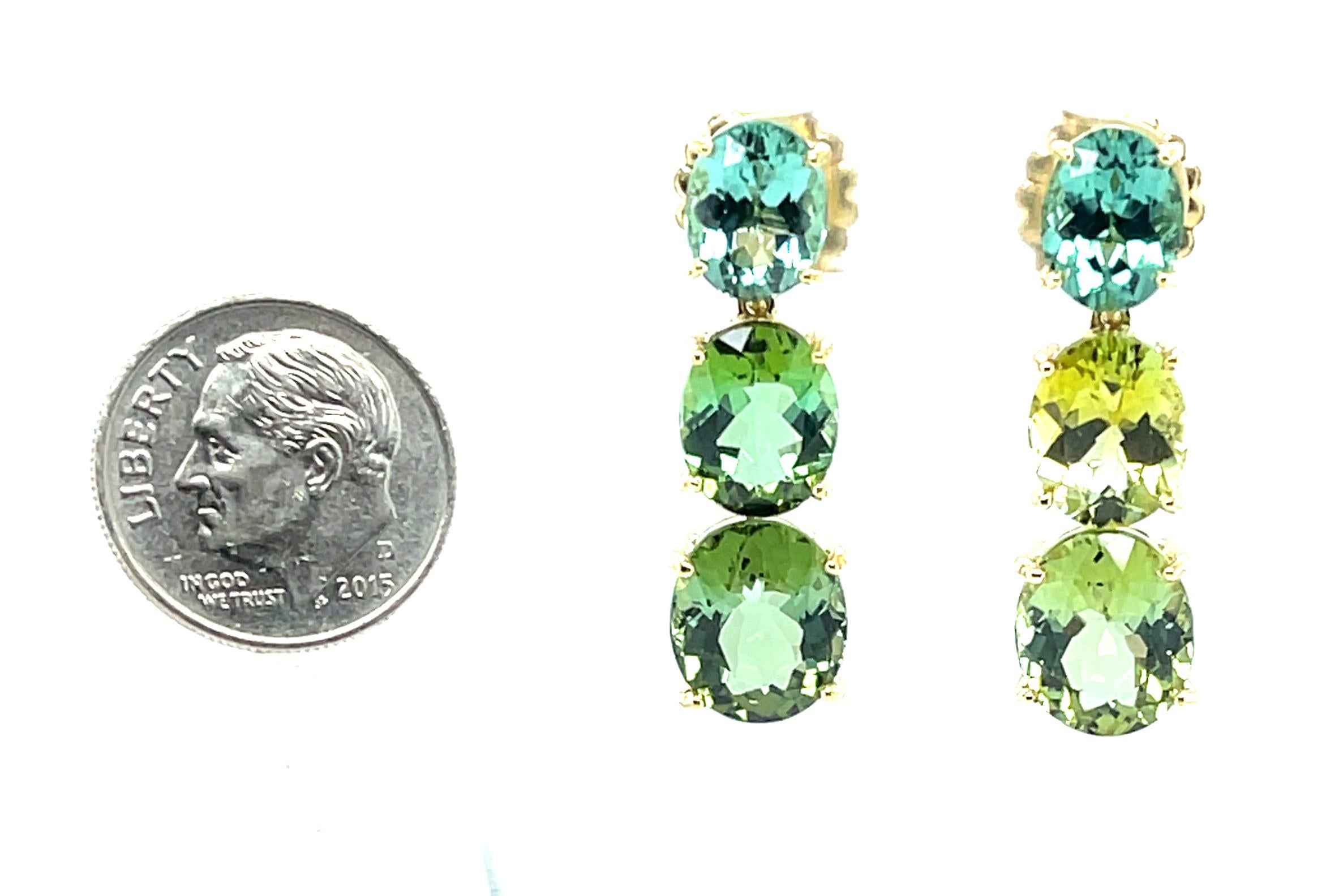 Women's or Men's Green Multicolored Tourmaline and Yellow Gold Dangle Earrings, 19 Carats Total For Sale