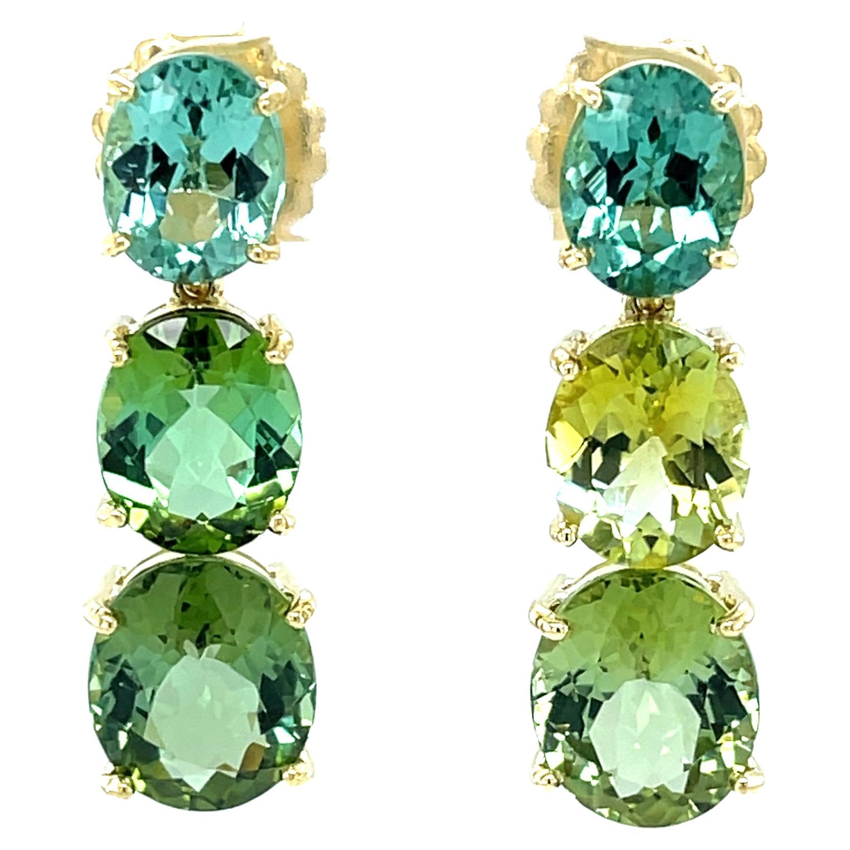 Green Multicolored Tourmaline and Yellow Gold Dangle Earrings, 19 Carats Total