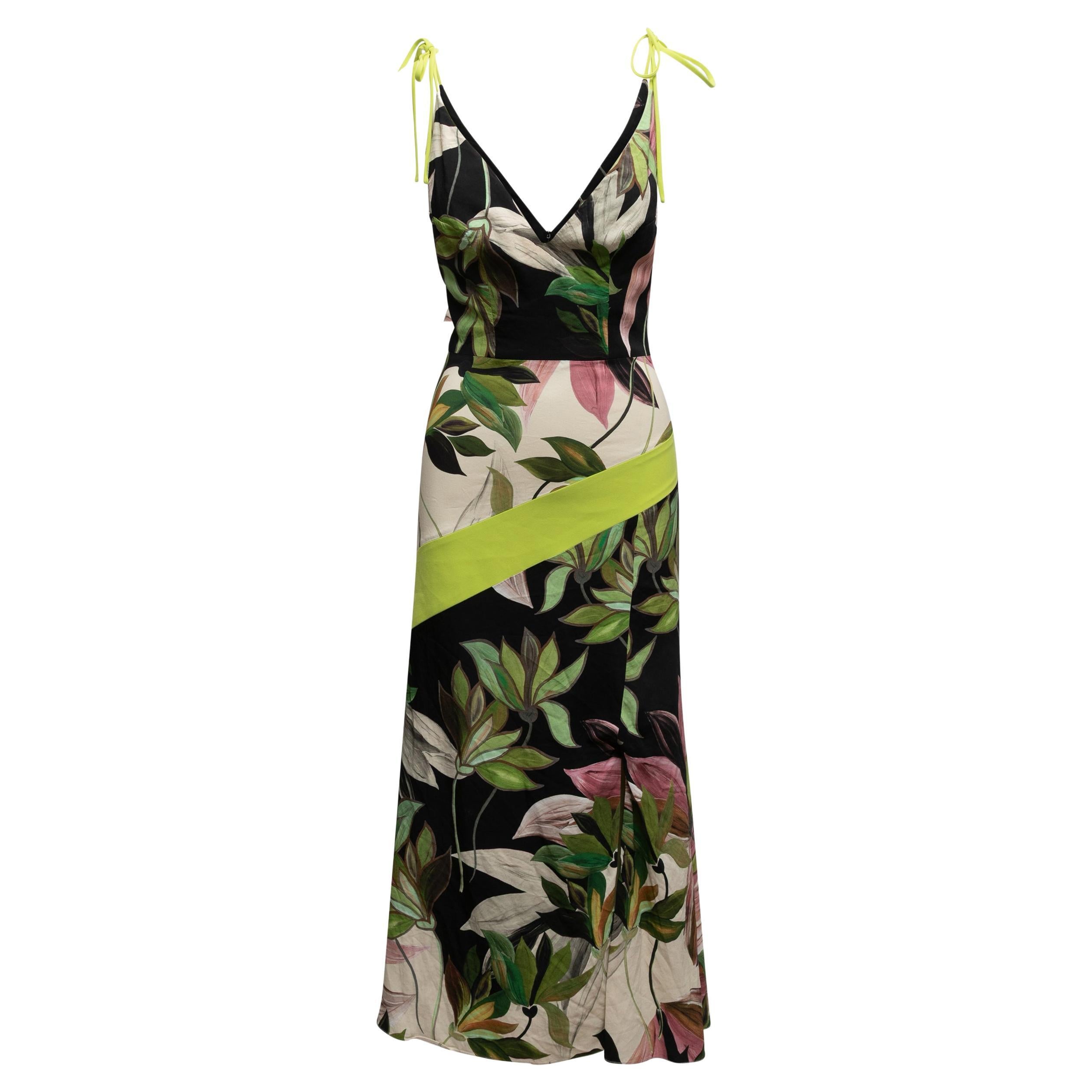 Grünes & mehrfarbiges Christian Siriano ärmelloses Kleid mit botanischem Druck Größe US 2