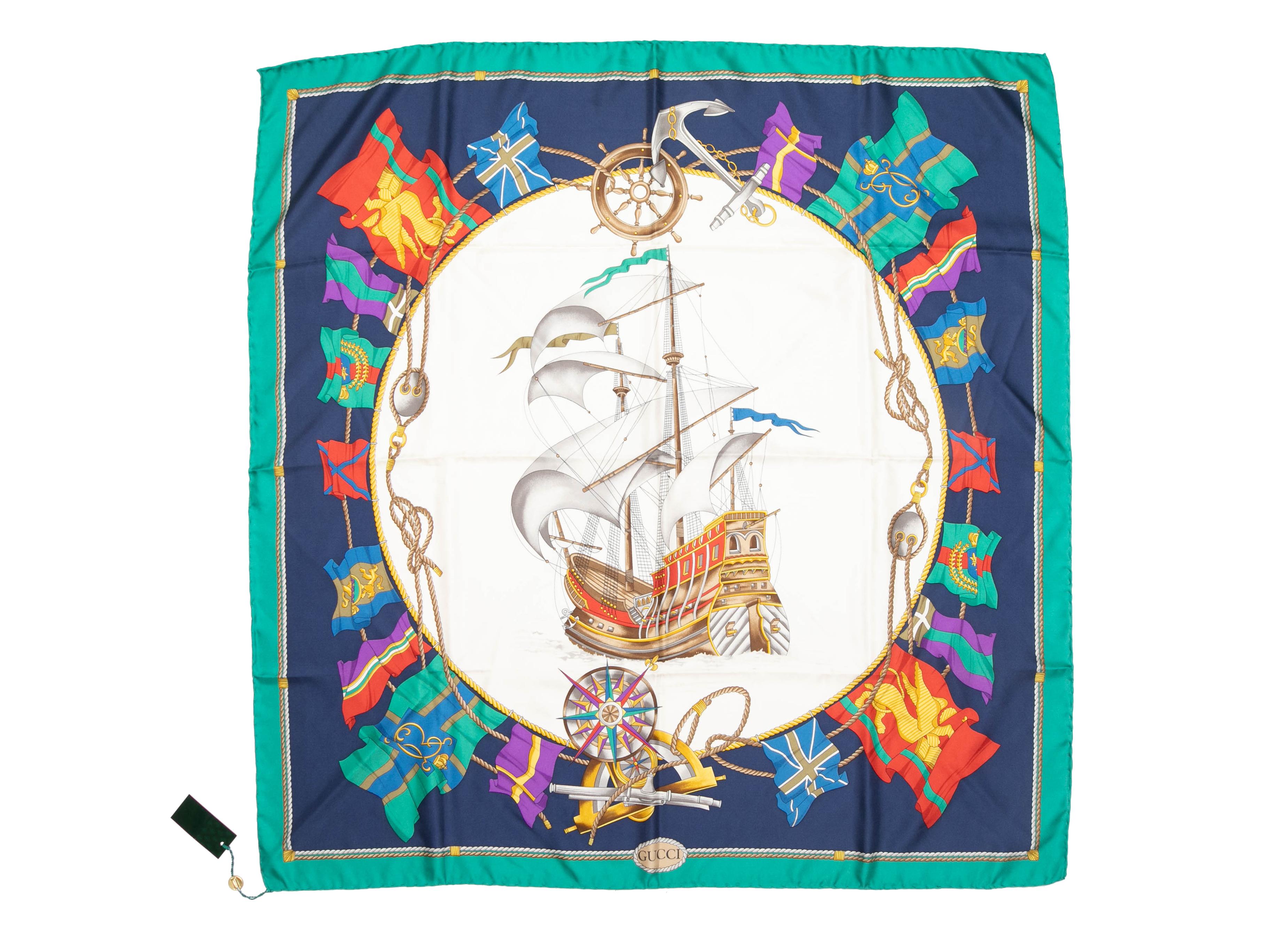 Green & Multicolor Gucci Sailboat Print Silk Scarf In Good Condition For Sale In New York, NY