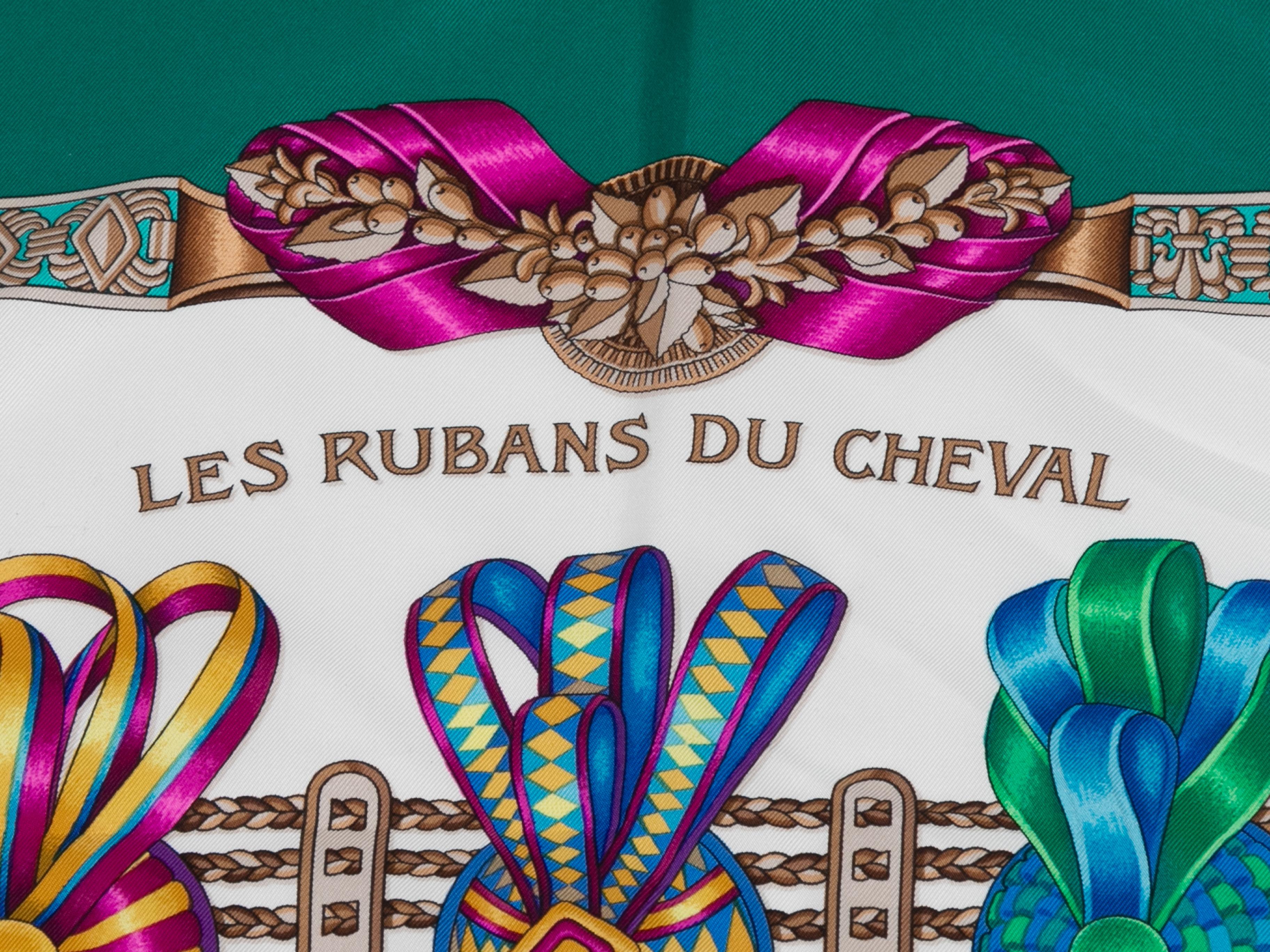 Green & Multicolor Les Rubans du Cheval Motif Silk Scarf In Good Condition For Sale In New York, NY