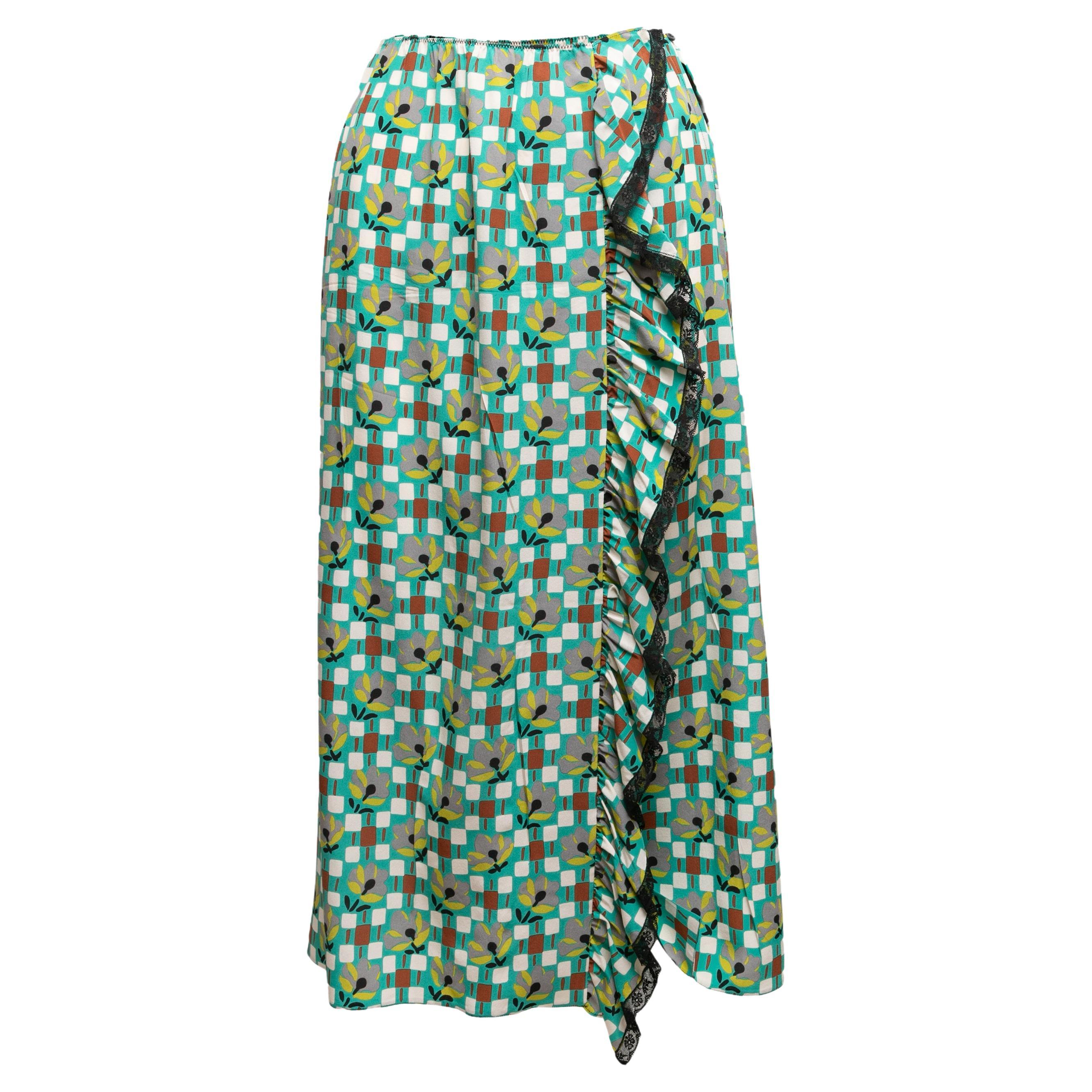 Green & Multicolor Prada Geometric Floral Print Skirt