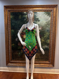 Green Multicolored Silk YSL 1970s Scarf Cocktail Dress