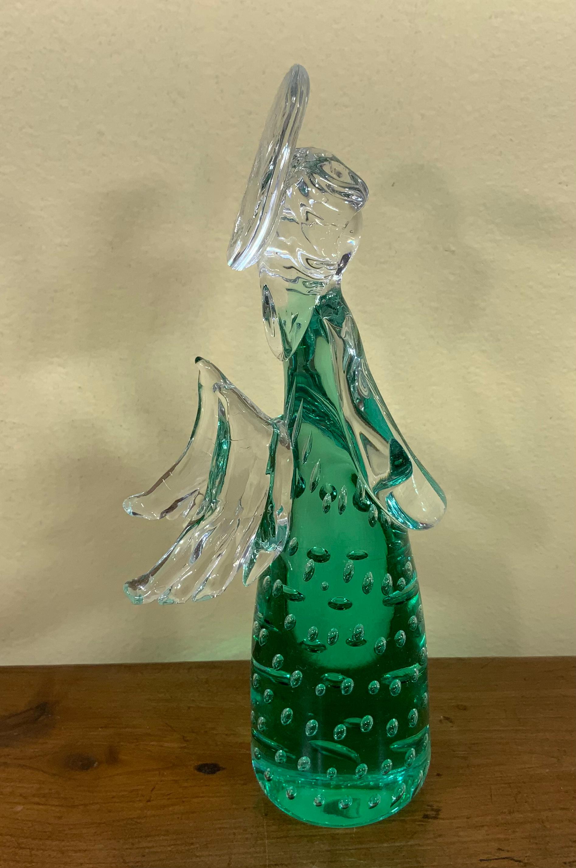 Green Murano Angel Figurine Italian Art Glass Sculpture In Good Condition In Delray Beach, FL