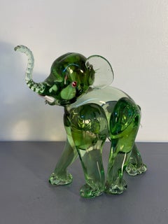 Green Murano Art Glass Elephant Sculpture with a Raised Trunk