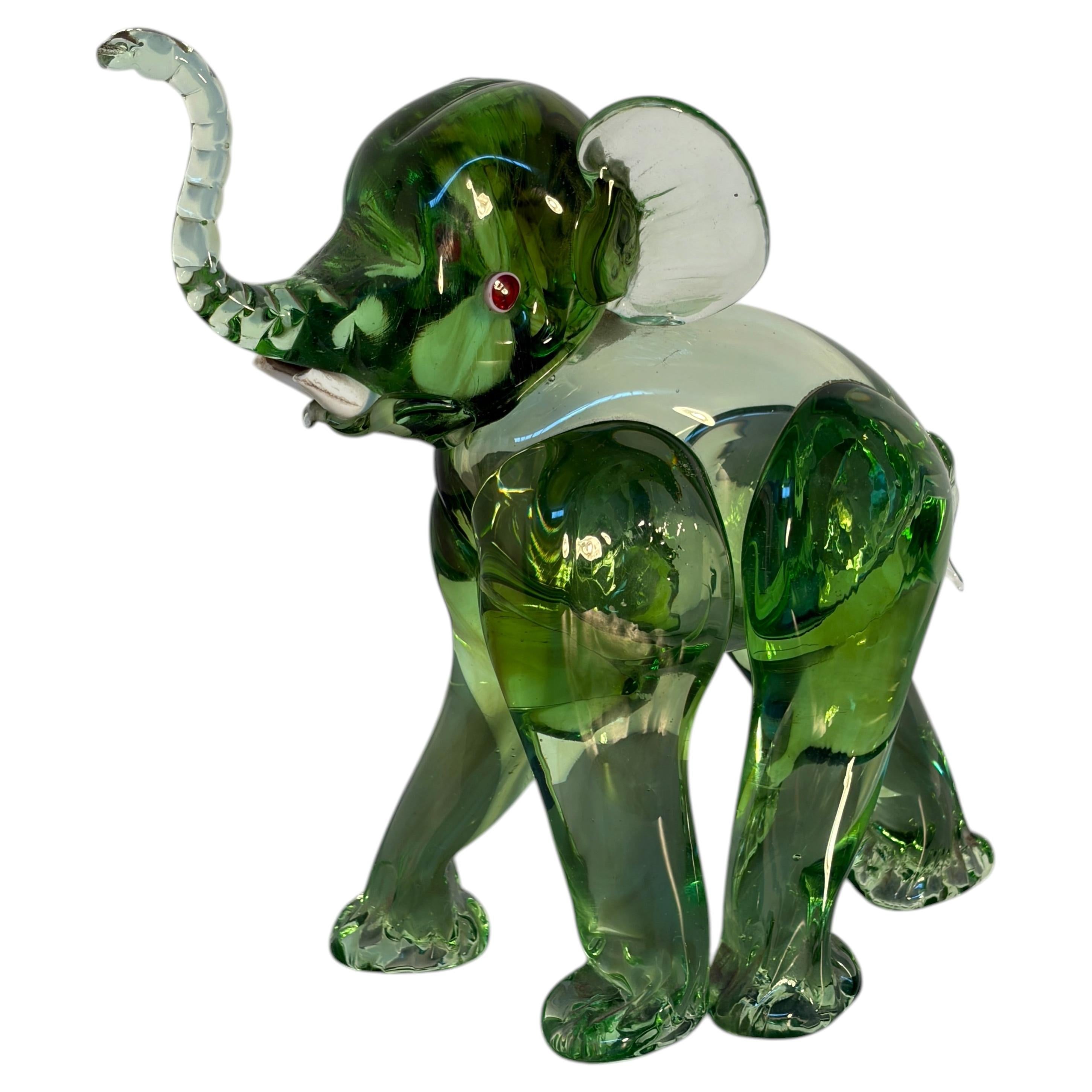 Green Murano Art Glass Elephant Sculpture with a Raised Trunk