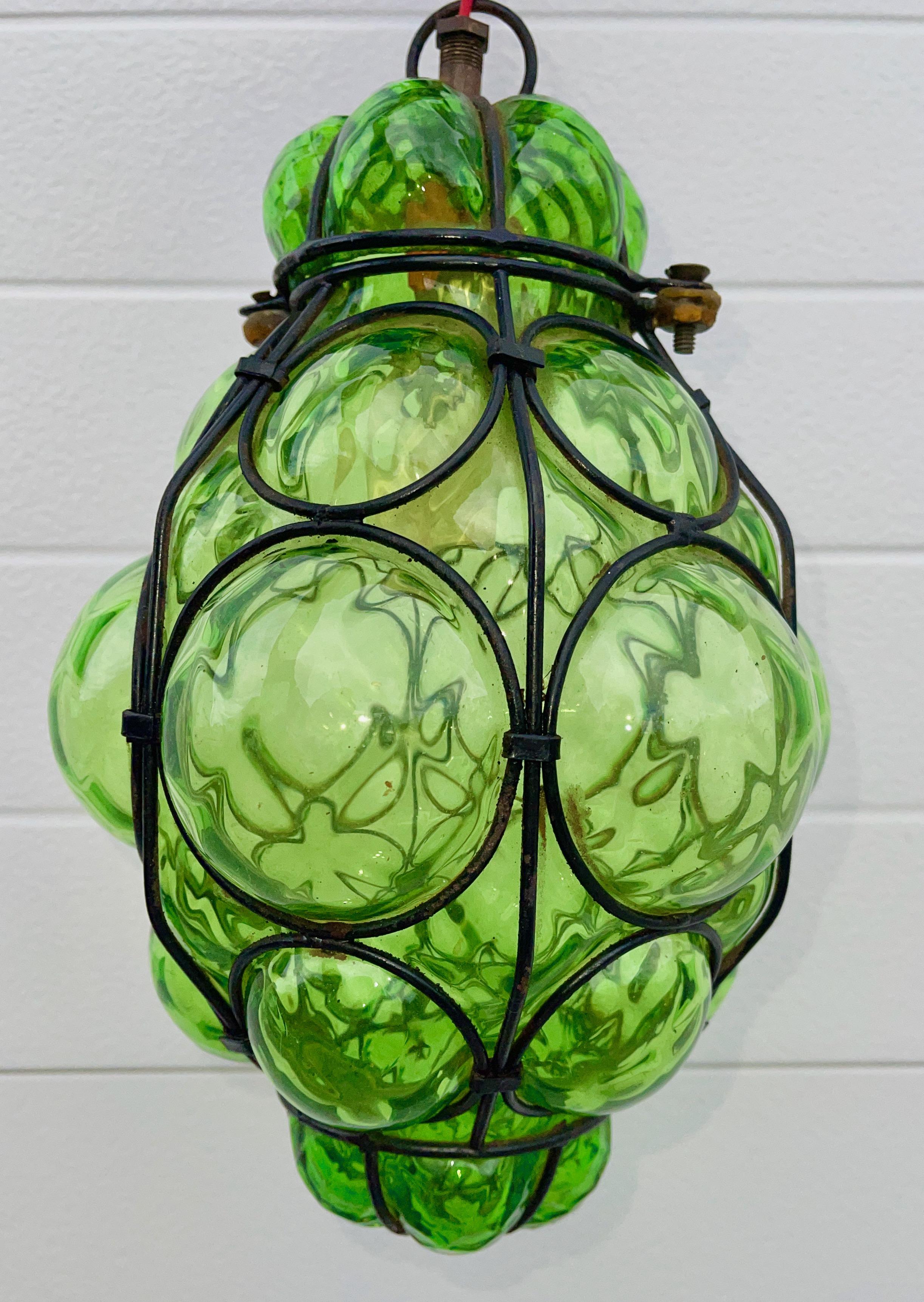 Green Murano Caged Glass Bubble Pendant by Seguso In Good Condition For Sale In Hanover, MA