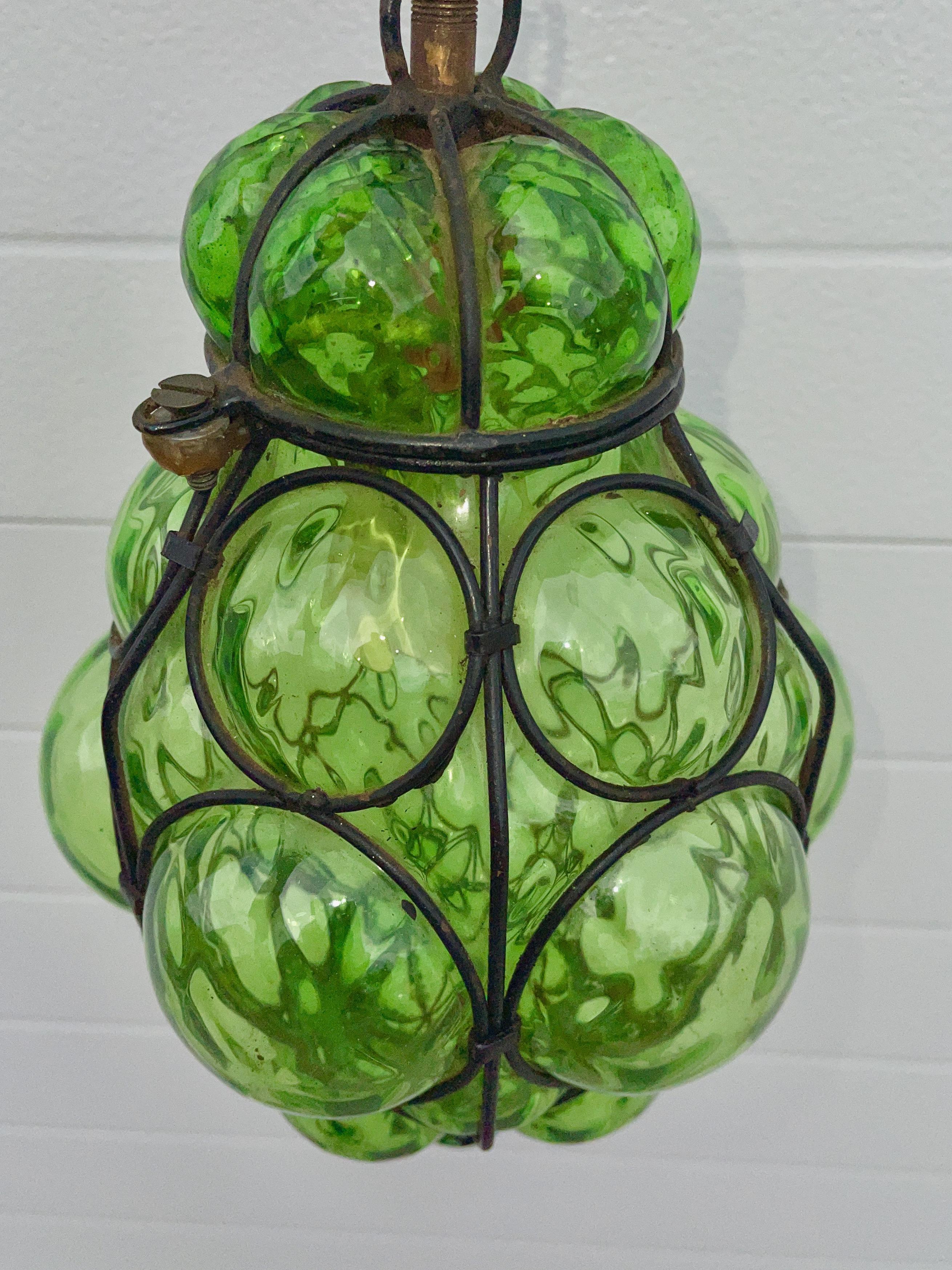 Murano Glass Green Murano Caged Glass Bubble Pendant by Seguso For Sale
