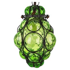 Retro Green Murano Caged Glass Bubble Pendant by Seguso