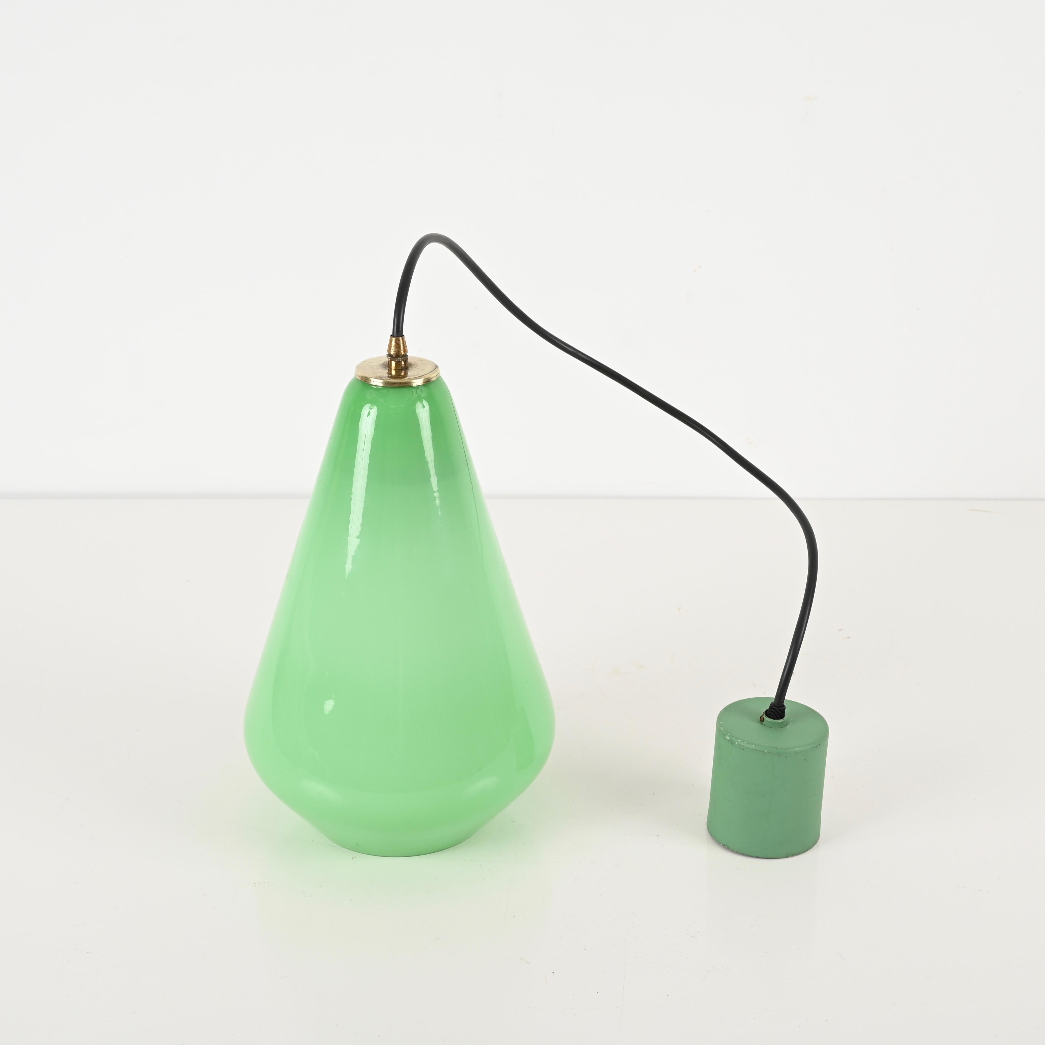 Green Murano Cased Glass and Brass Pendant Chandelier by Stilnovo, Italy 1950s For Sale 2
