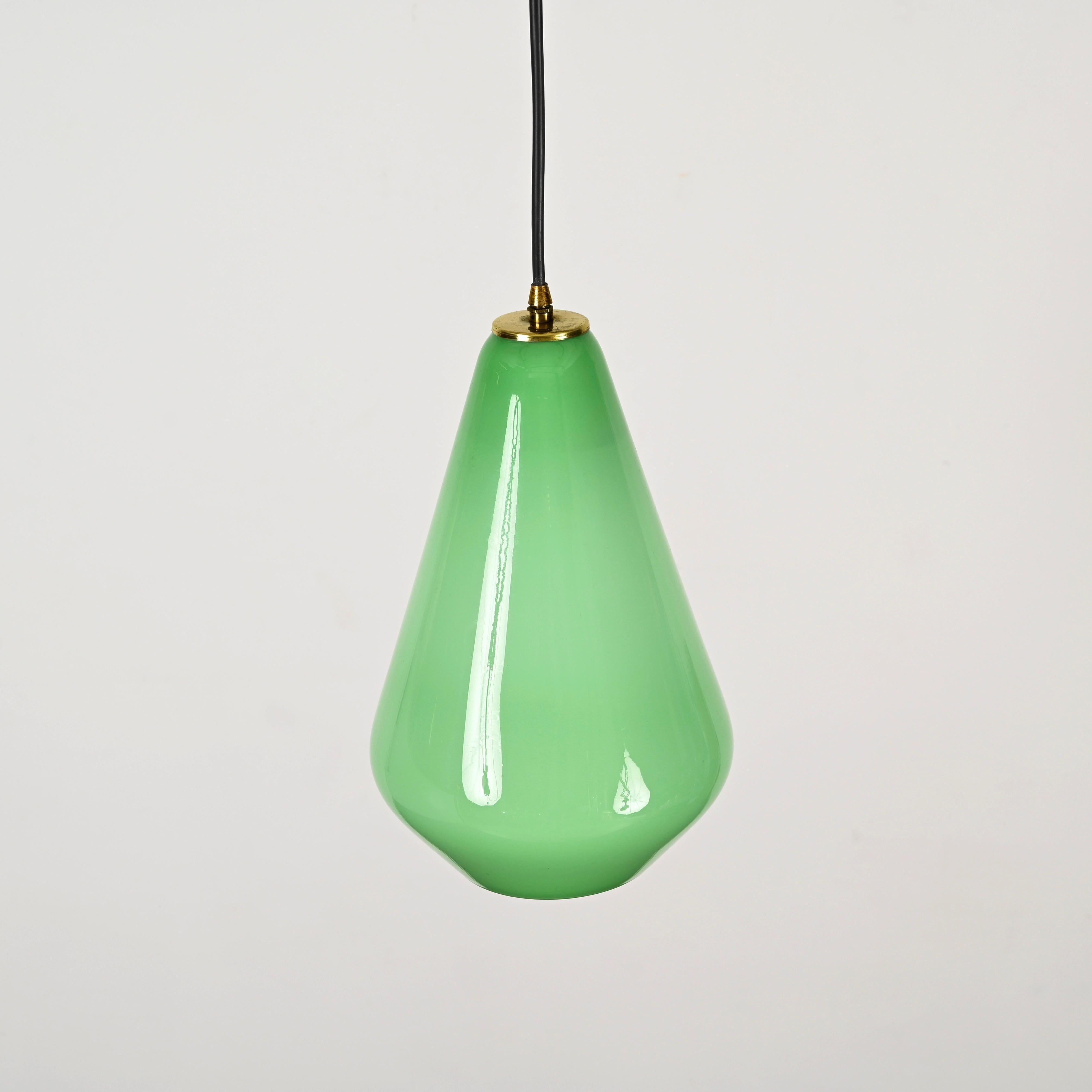 20th Century Green Murano Cased Glass and Brass Pendant Chandelier by Stilnovo, Italy 1950s For Sale