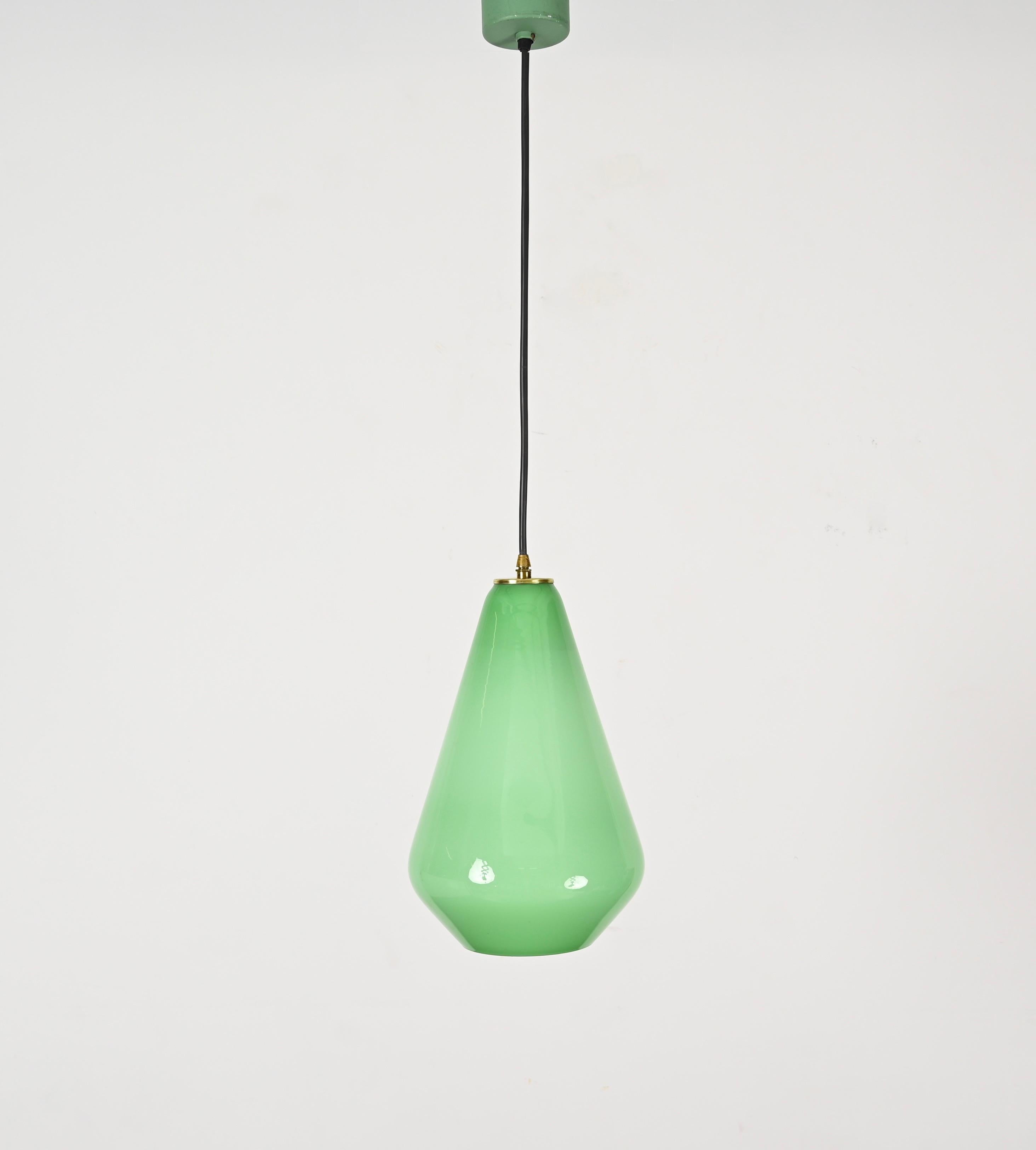 Green Murano Cased Glass and Brass Pendant Chandelier by Stilnovo, Italy 1950s For Sale 1