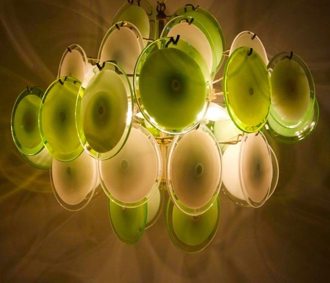 Amazing large green and white 36 disc Murano Italian glass six-light bulb E 14 60 watts each.

