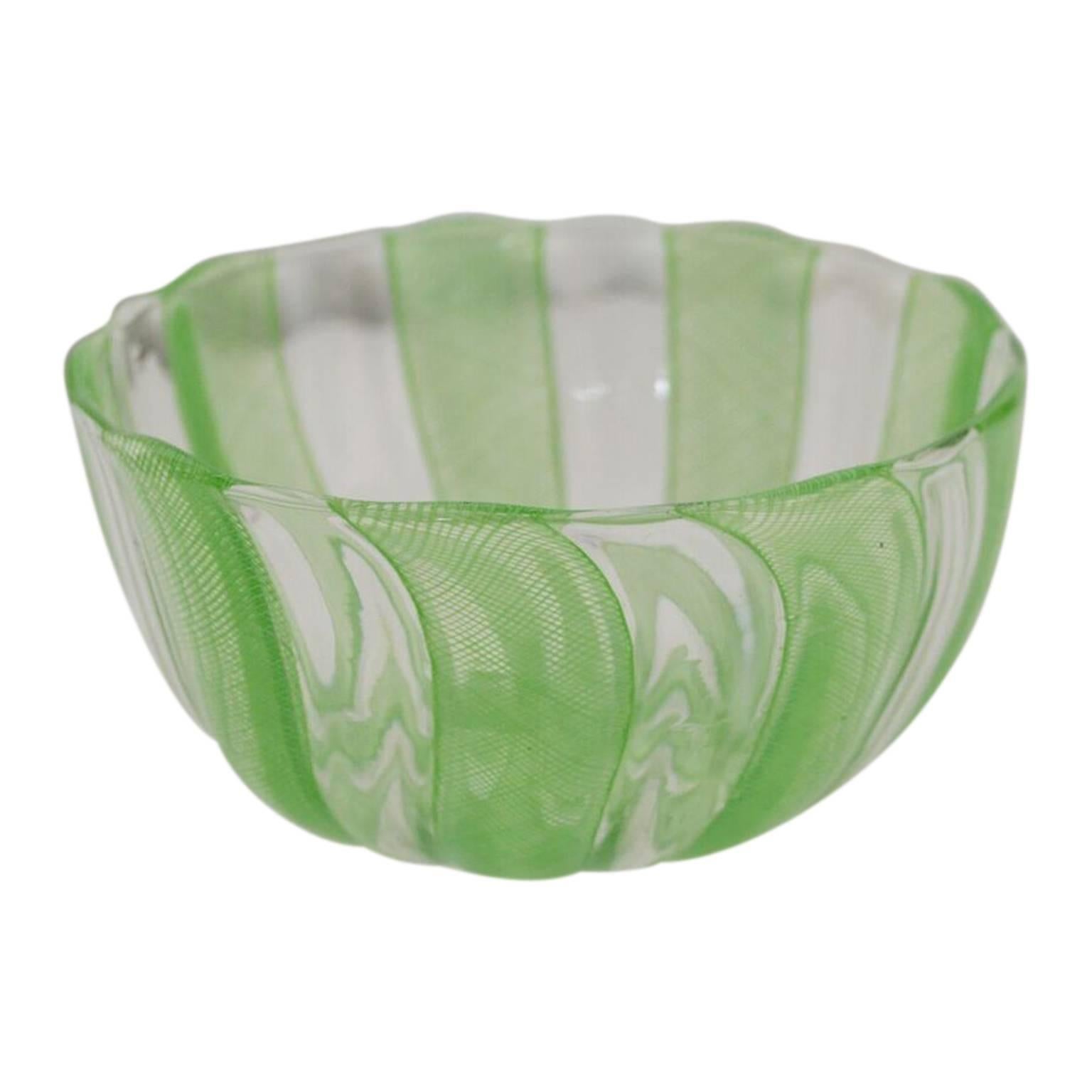 Mid-Century Modern Green Murano Filigree Striped Bowl, Italy Circa 1960's