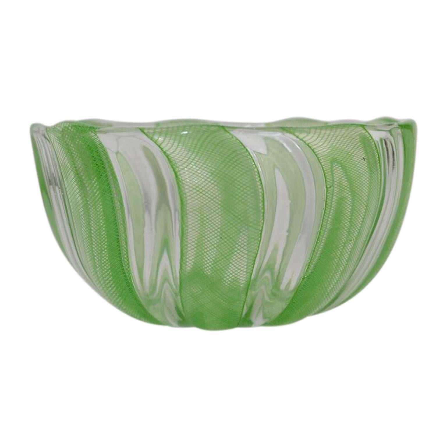 Italian Green Murano Filigree Striped Bowl, Italy Circa 1960's