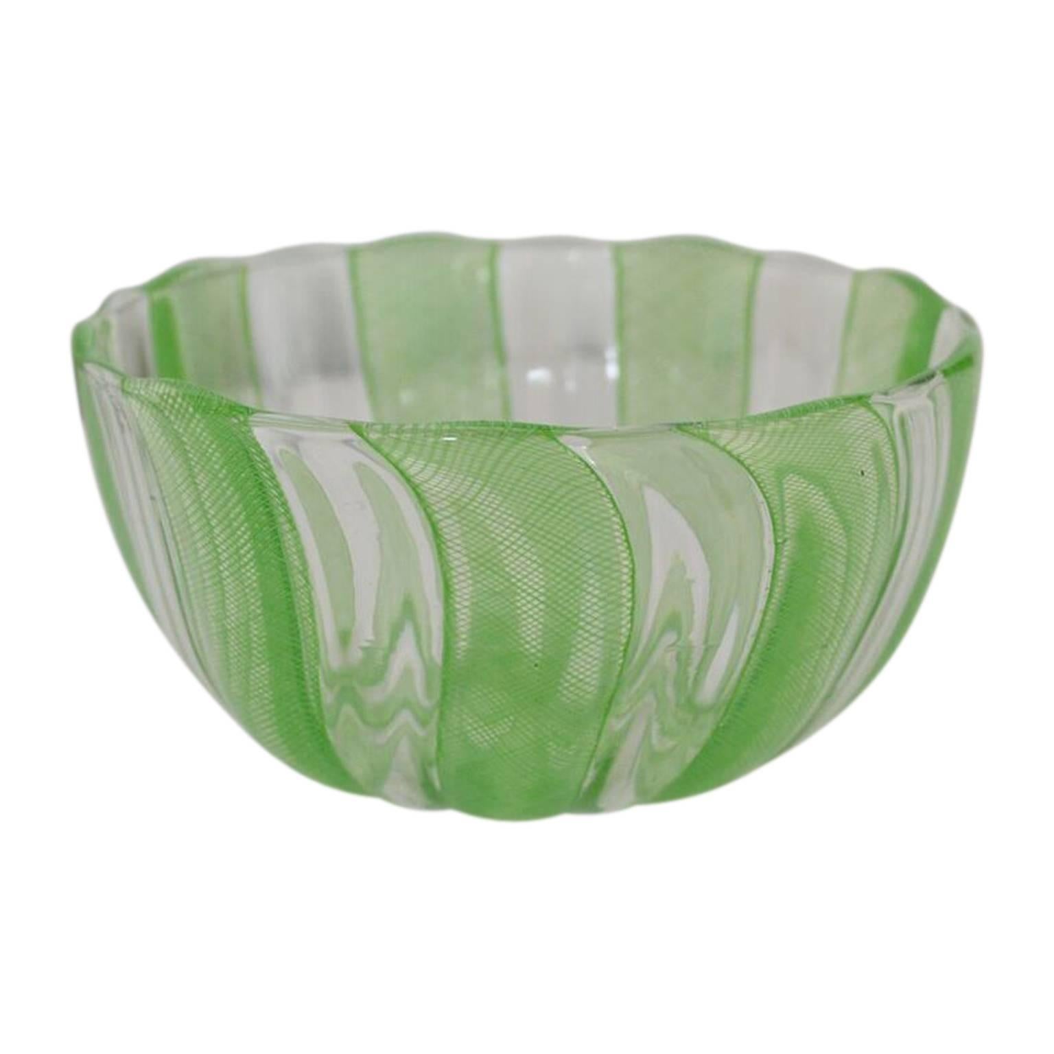 Hand-Crafted Green Murano Filigree Striped Bowl, Italy Circa 1960's