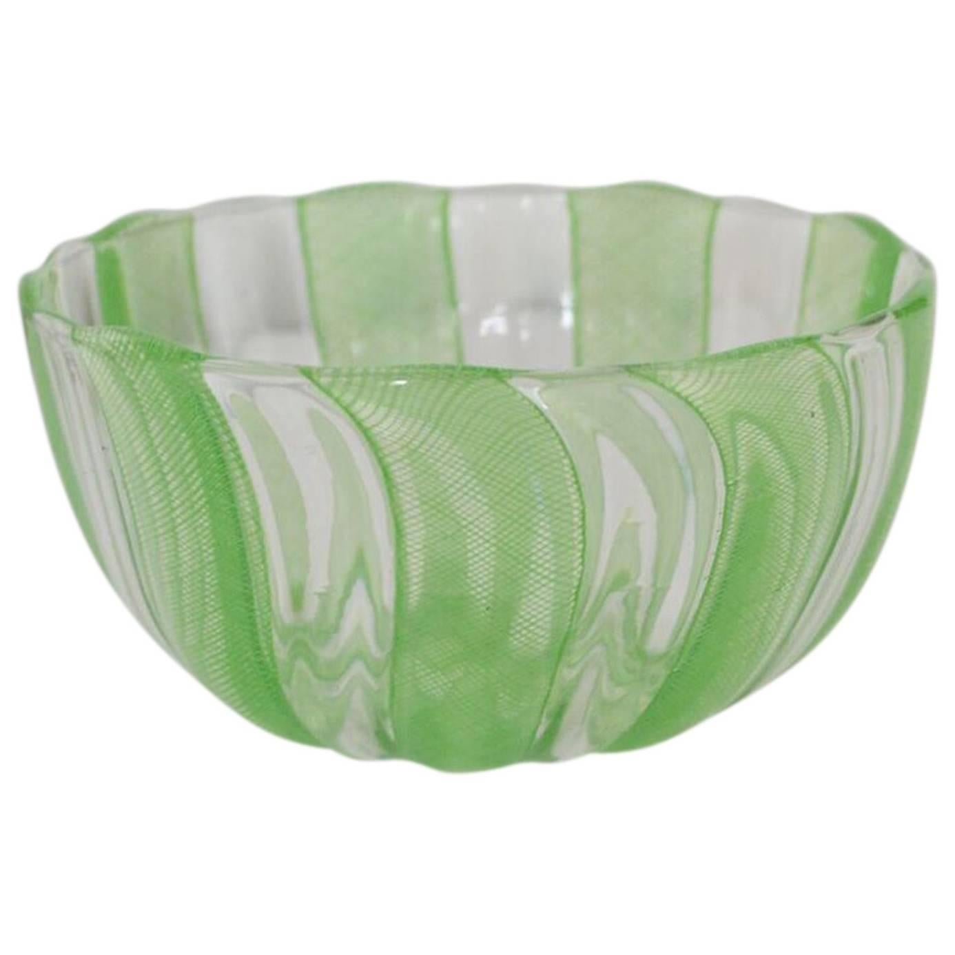 Green Murano Filigree Striped Bowl, Italy Circa 1960's