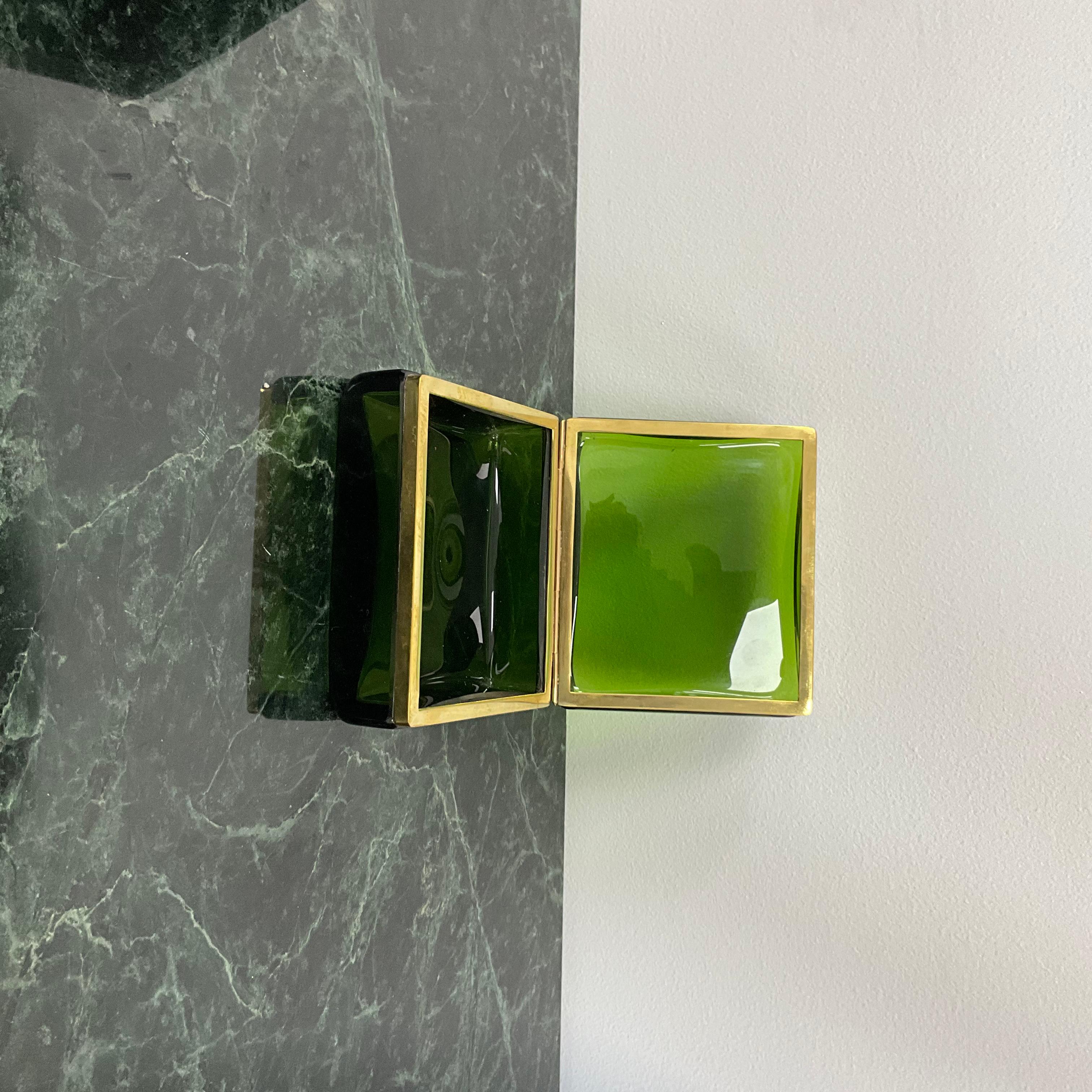 Mid-Century Modern Green Murano Glass and Brass Hinged Box  For Sale