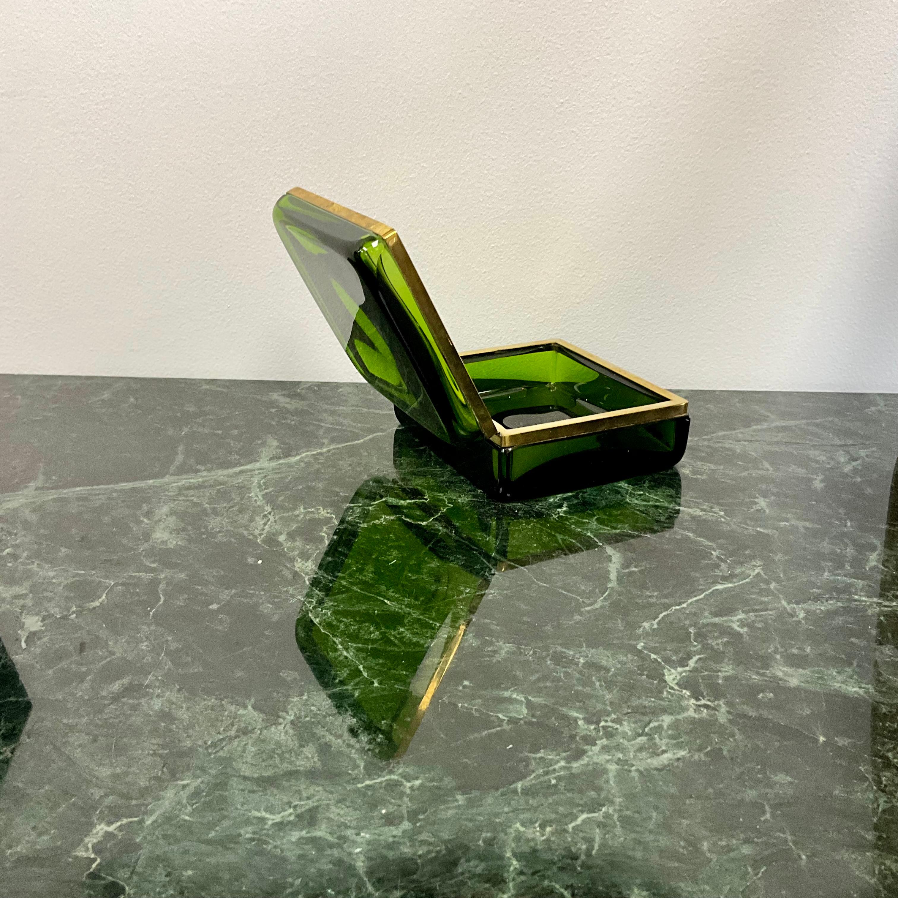 Italian Green Murano Glass and Brass Hinged Box  For Sale
