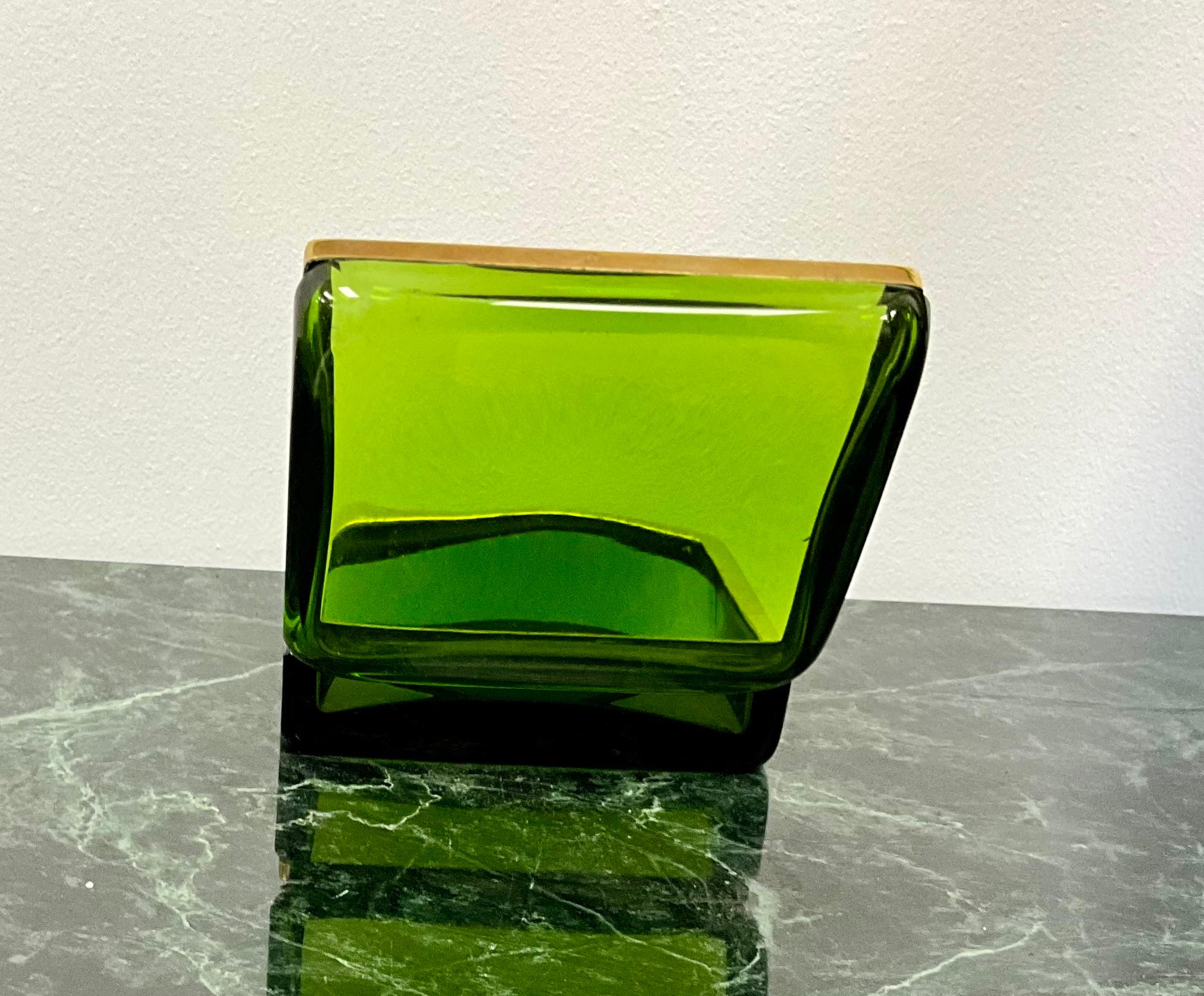 Hand-Crafted Green Murano Glass and Brass Hinged Box  For Sale