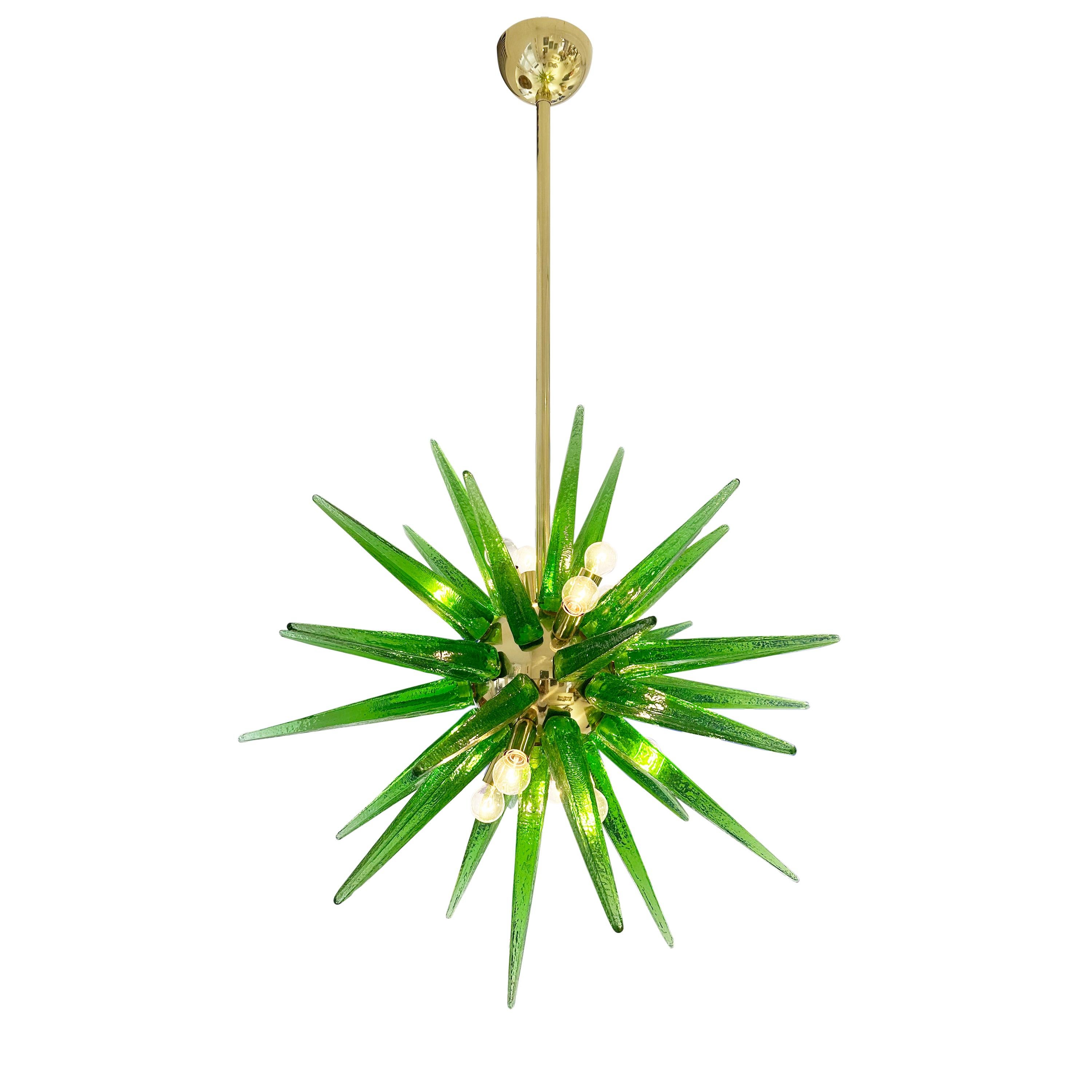 Moderno Lampada in stile Sputnik in vetro di Murano verde e ottone, Italia, 1970